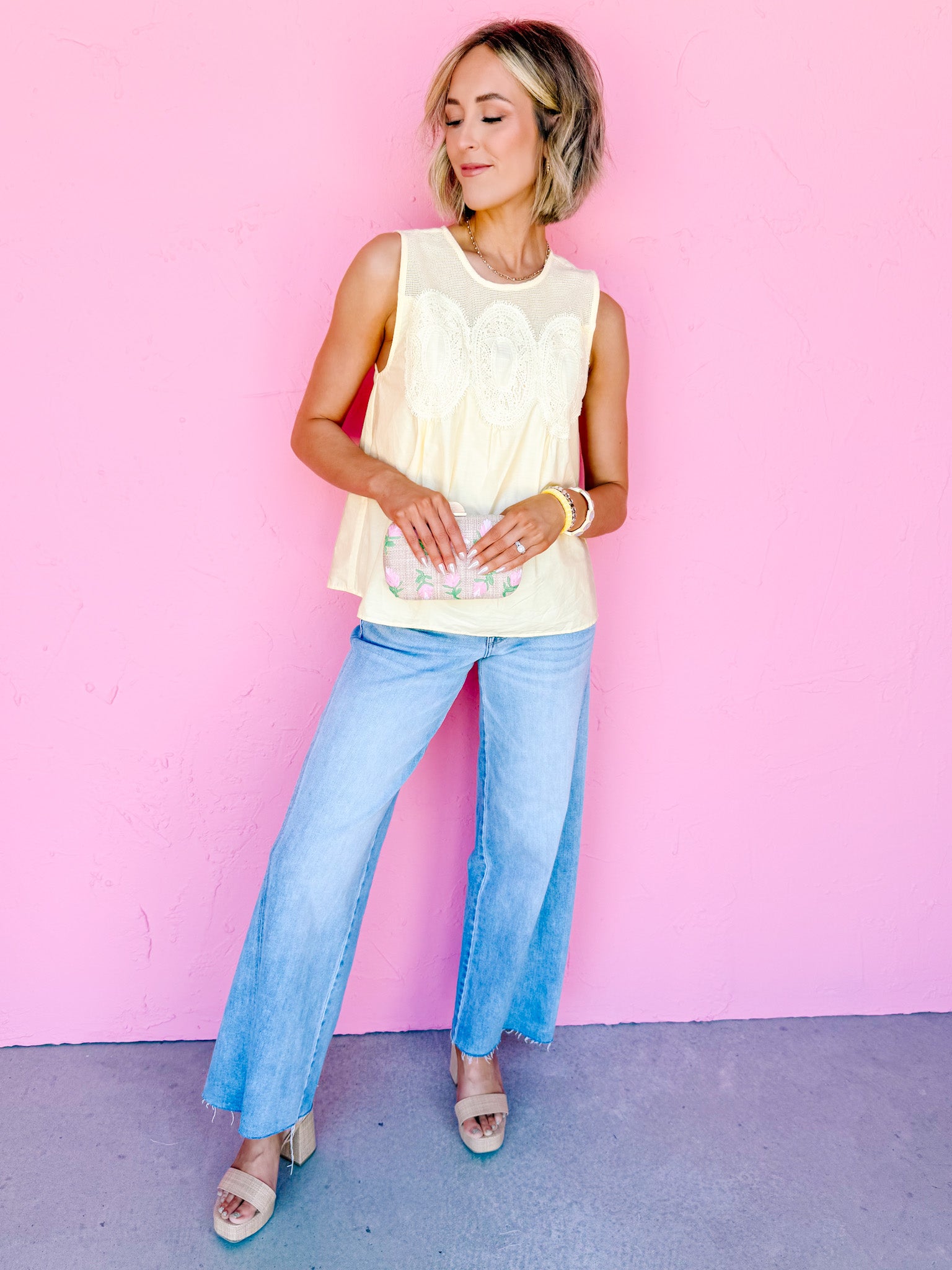 Kari Mesh Detail Lace Top-Yellow