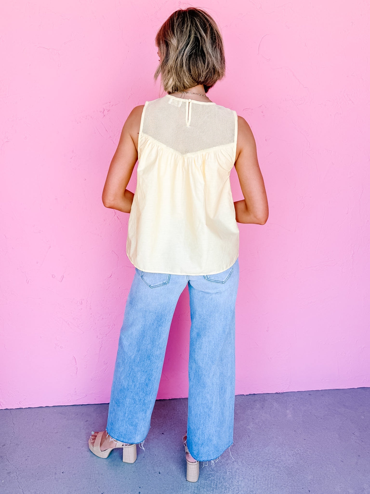 Kari Mesh Detail Lace Top-Yellow