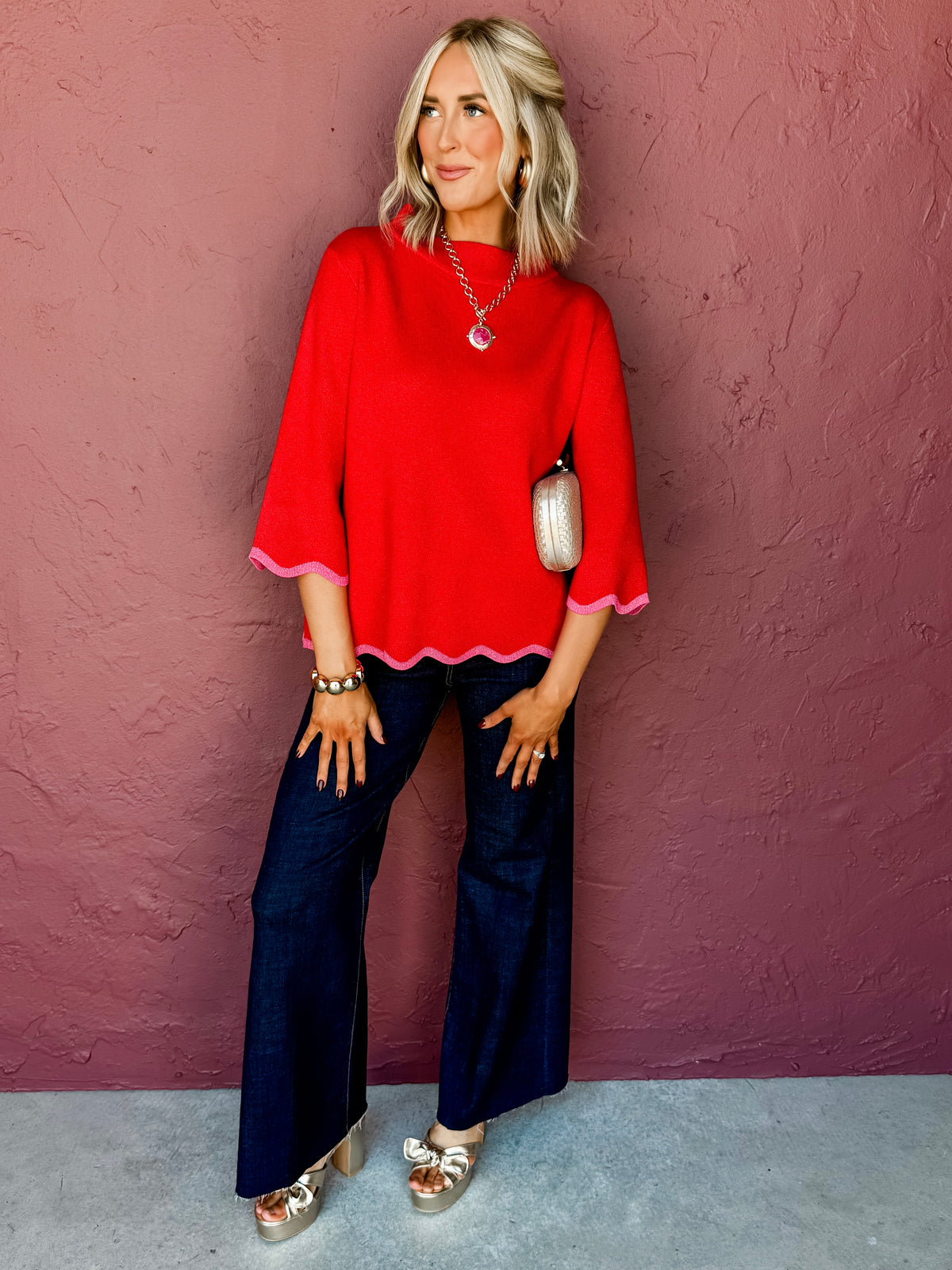 Kate Contrast Scalloped Hem Mock Neck Sweater