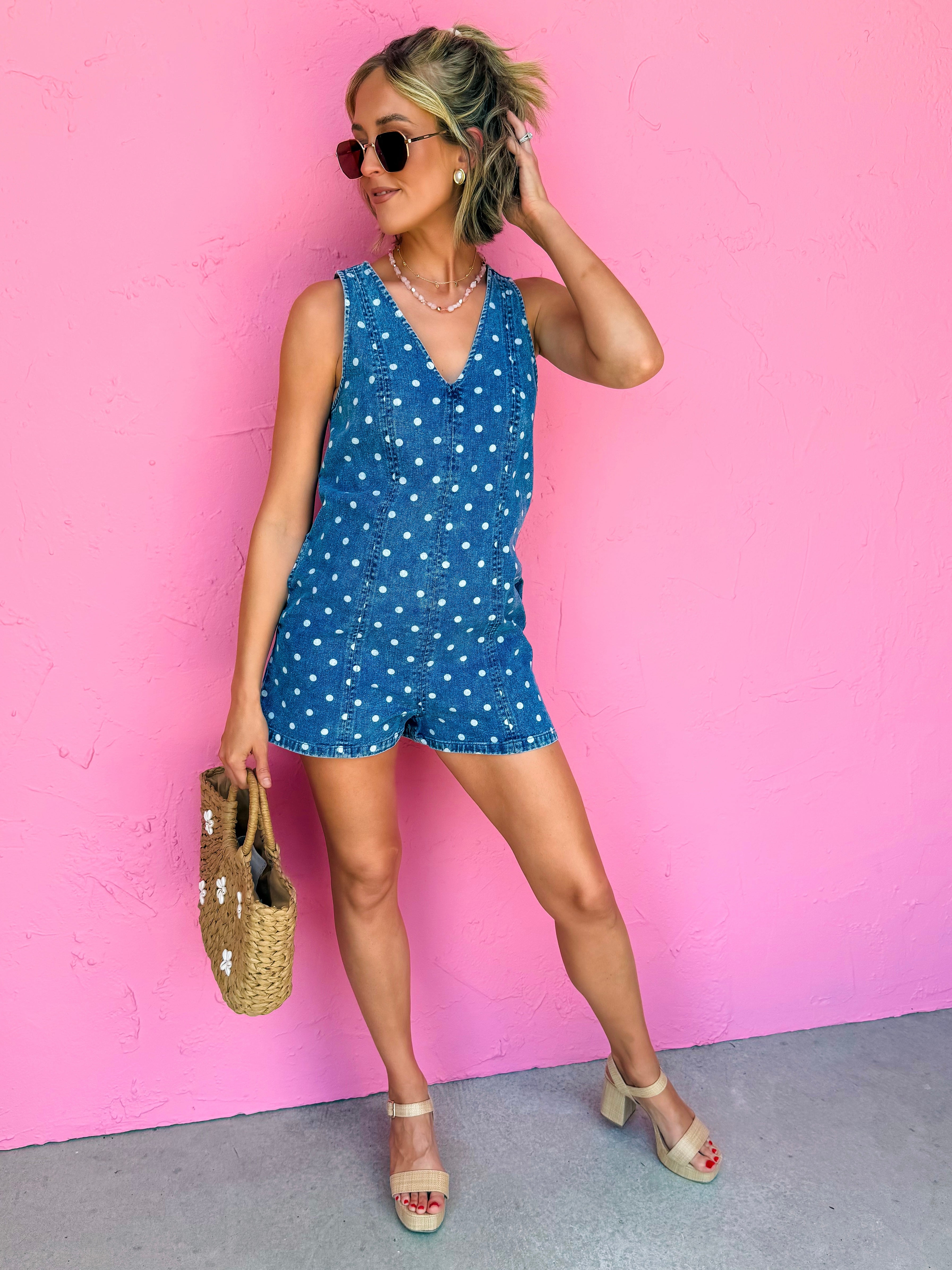 Kaylie Sleeveless Polka Dot Denim Romper