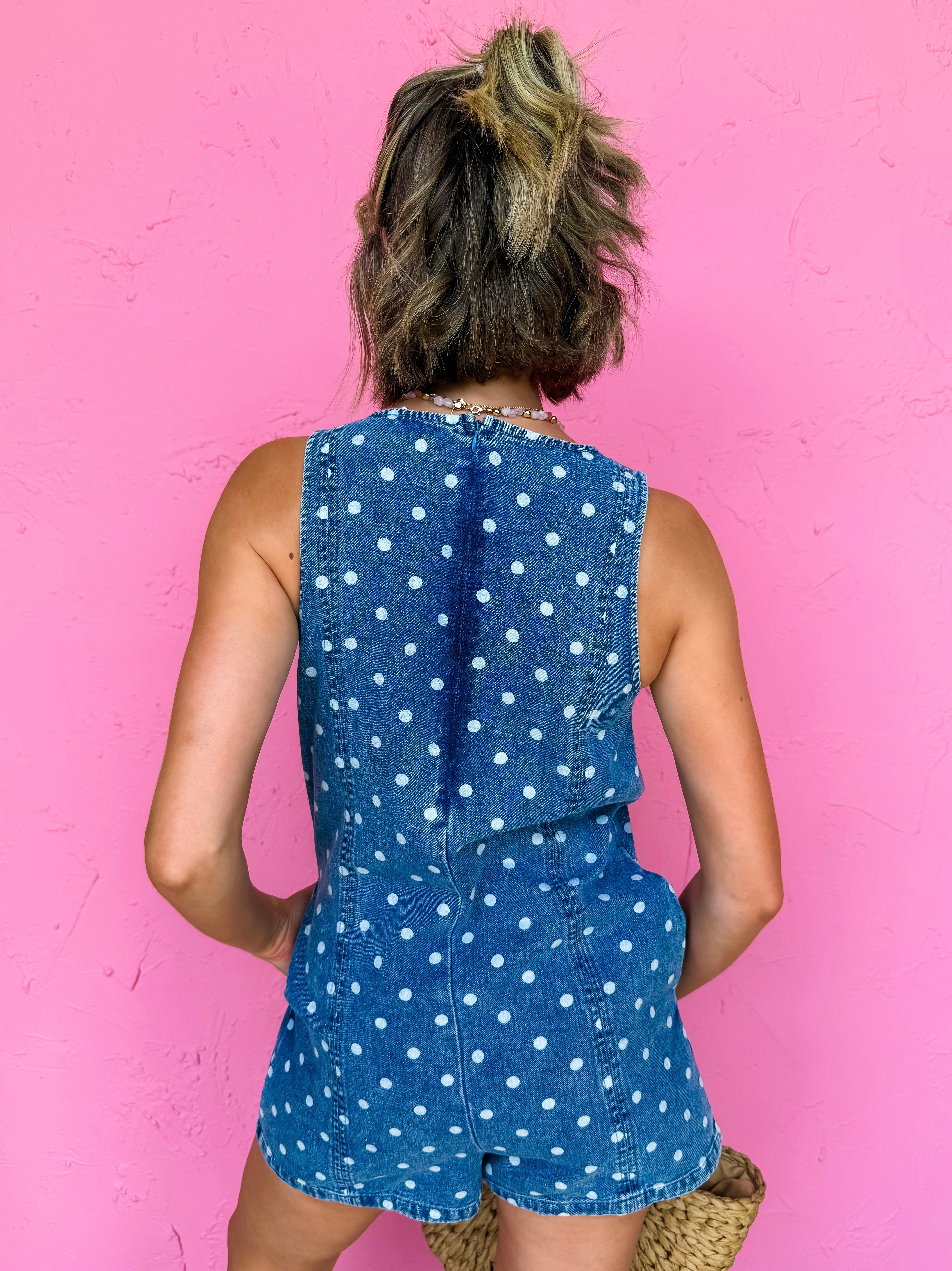 Kaylie Sleeveless Polka Dot Denim Romper