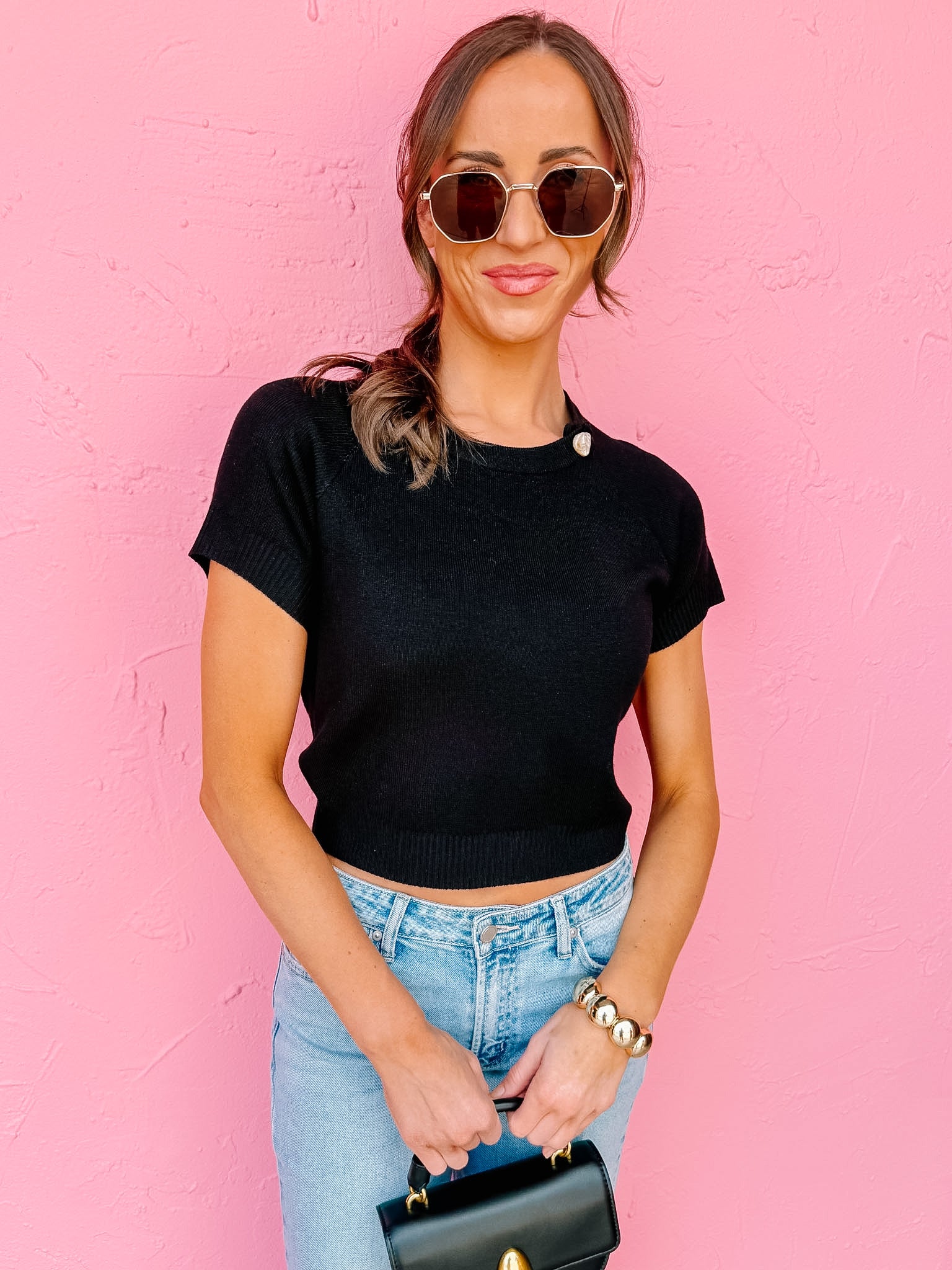 Keely Short Sleeve Knit Top-Black