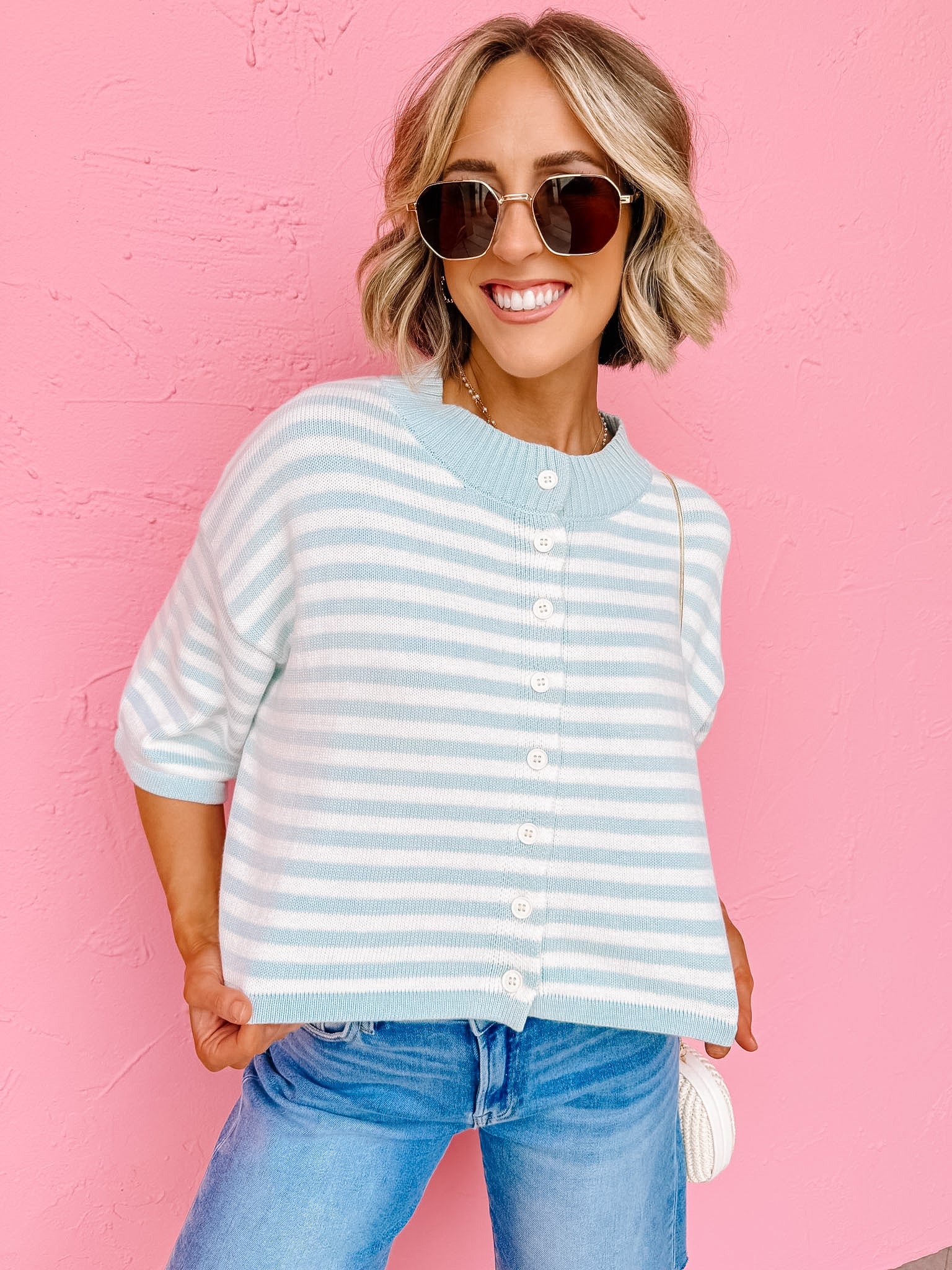 Kendall Stripe Loose Knit Top-Blue