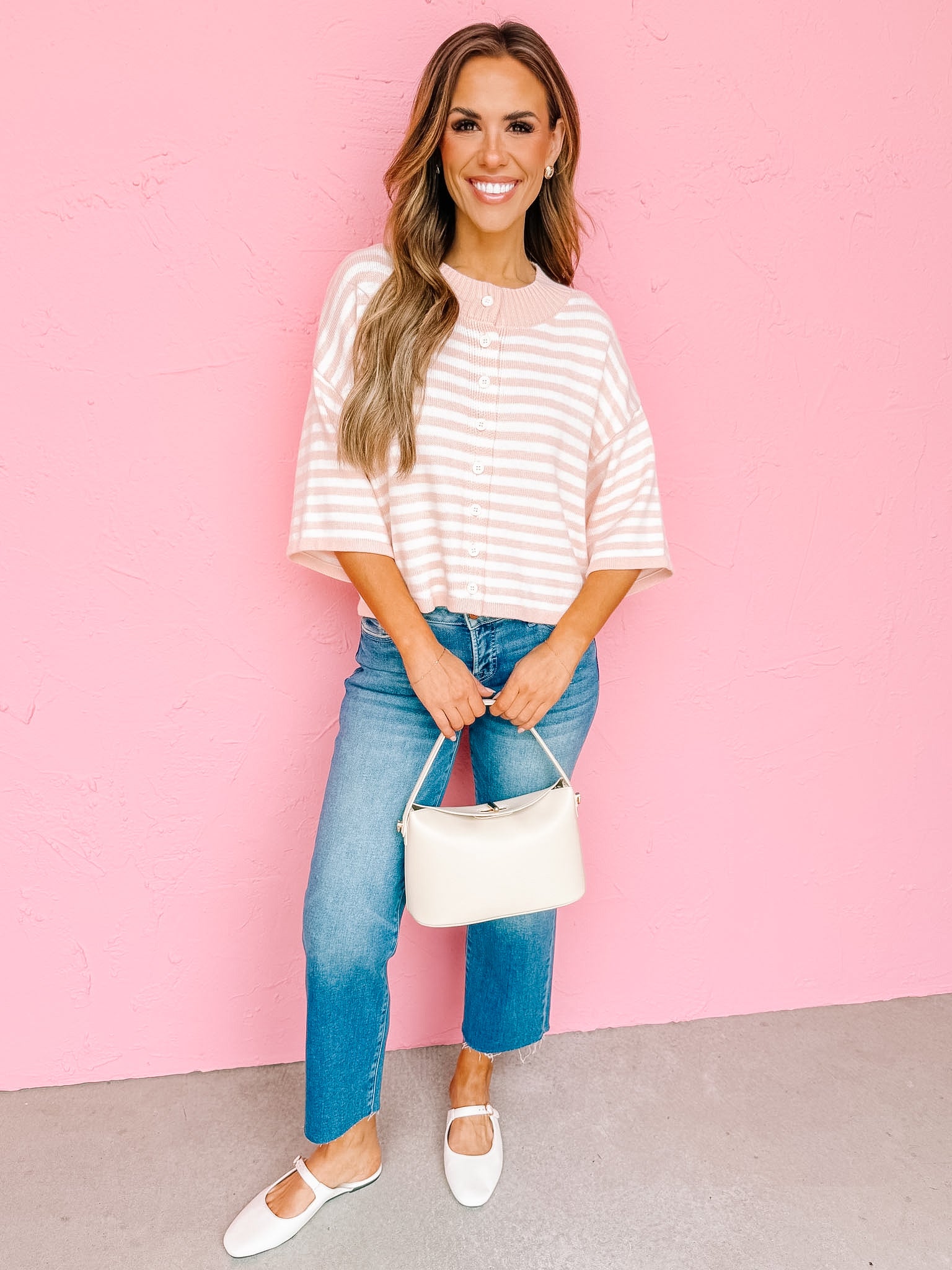 Kendall Stripe Loose Knit Top-Blush