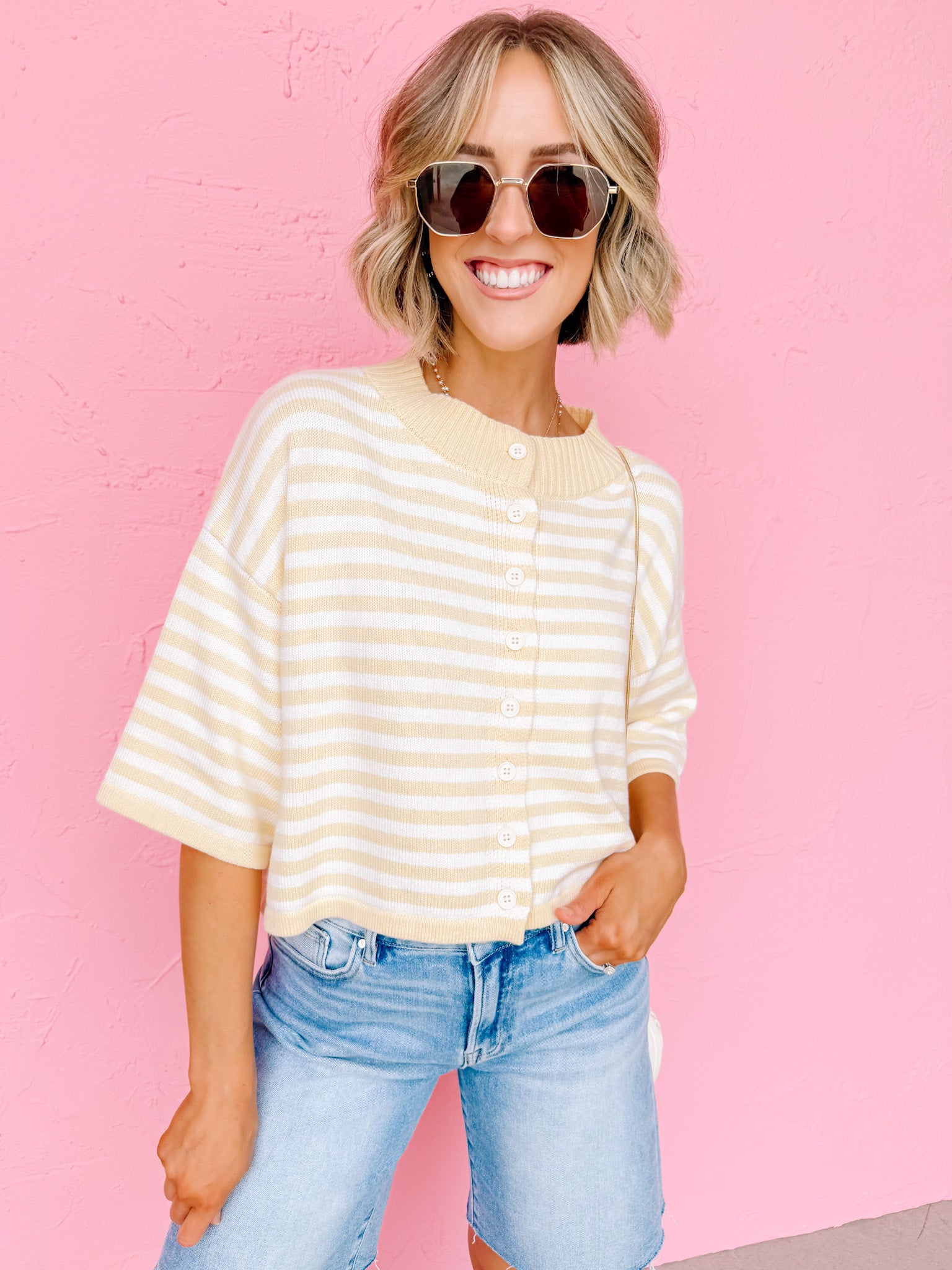 Kendall Stripe Loose Knit Top-Yellow