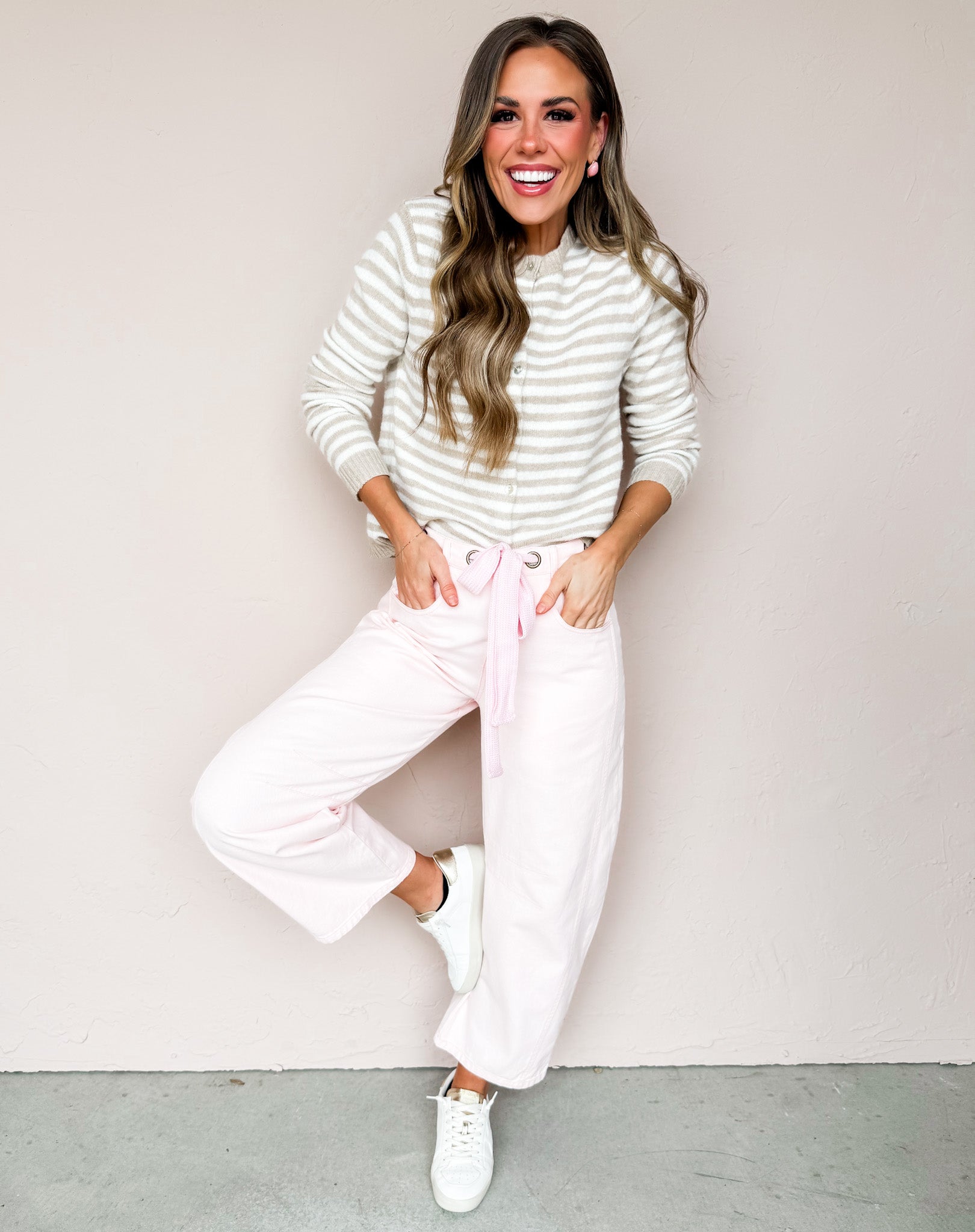 Kendall Striped Button Front Cardigan-Tan