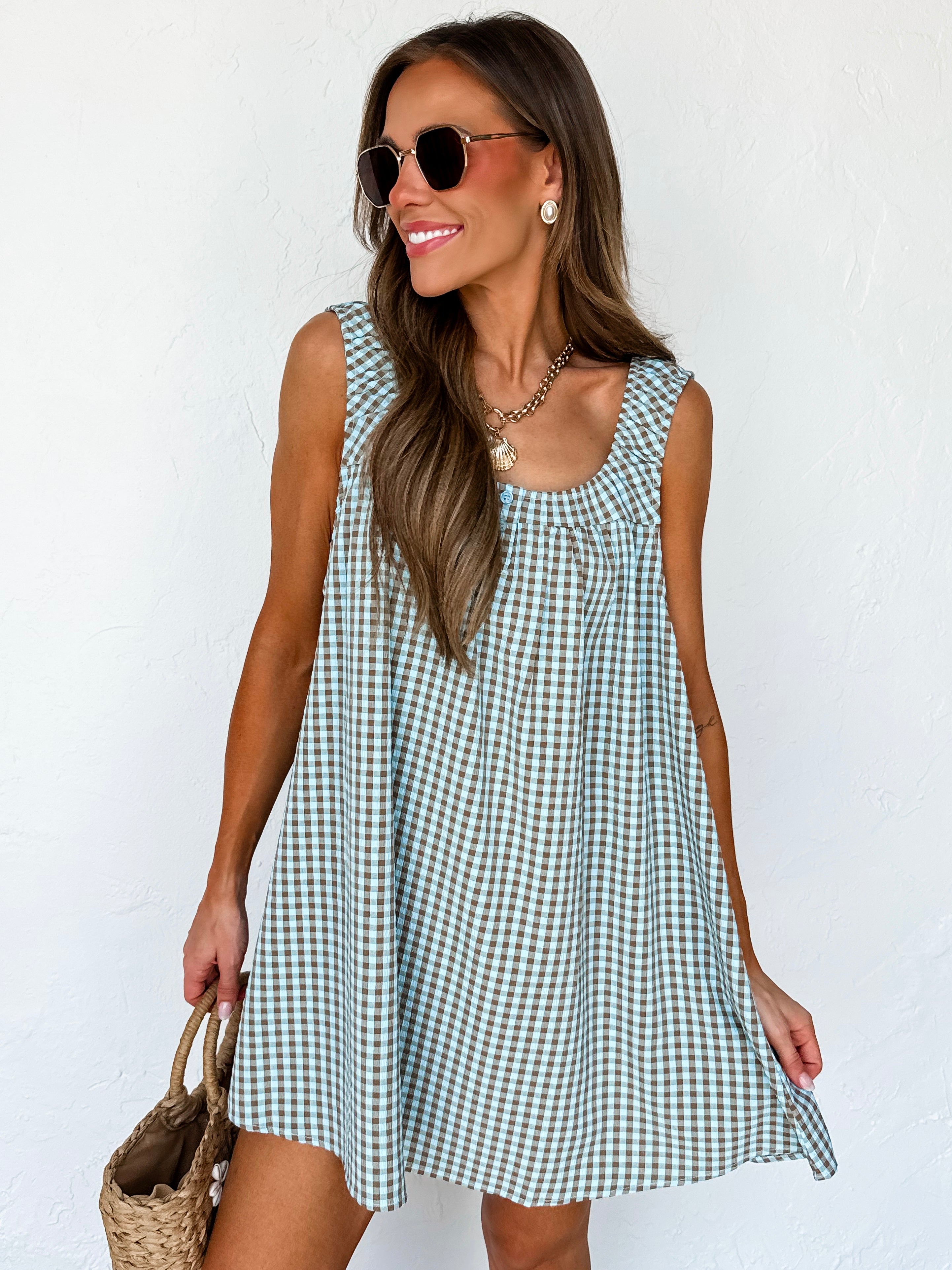 Kim Sleeveless Mini Dress-Blue/Brown