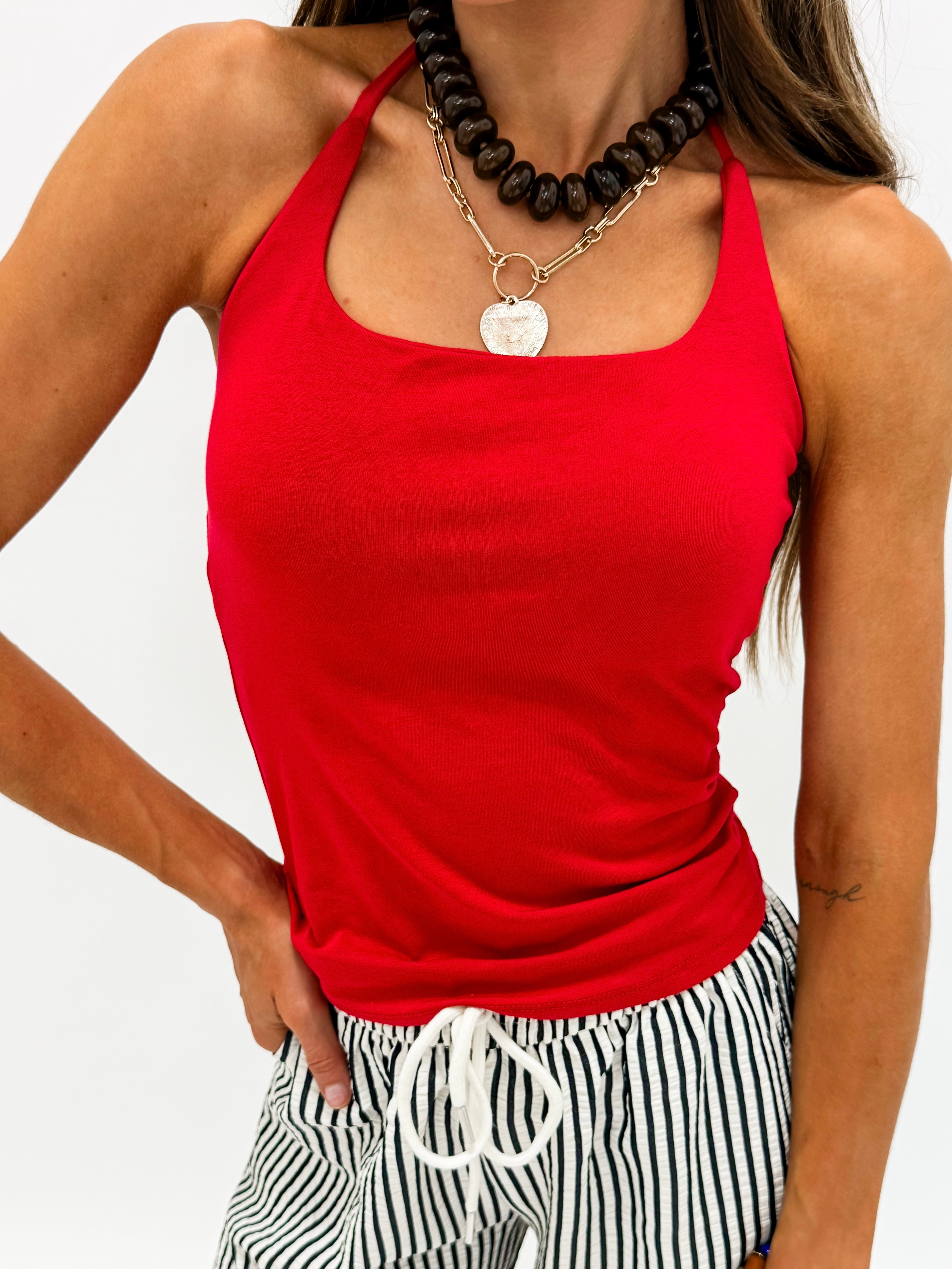 Kirby Halter Tie Tank Top-Red