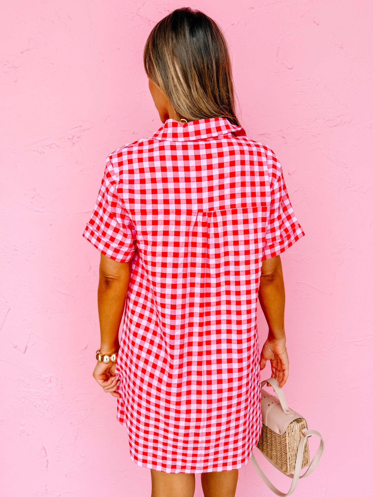 Korenna Gingham Shirt Dress-Red
