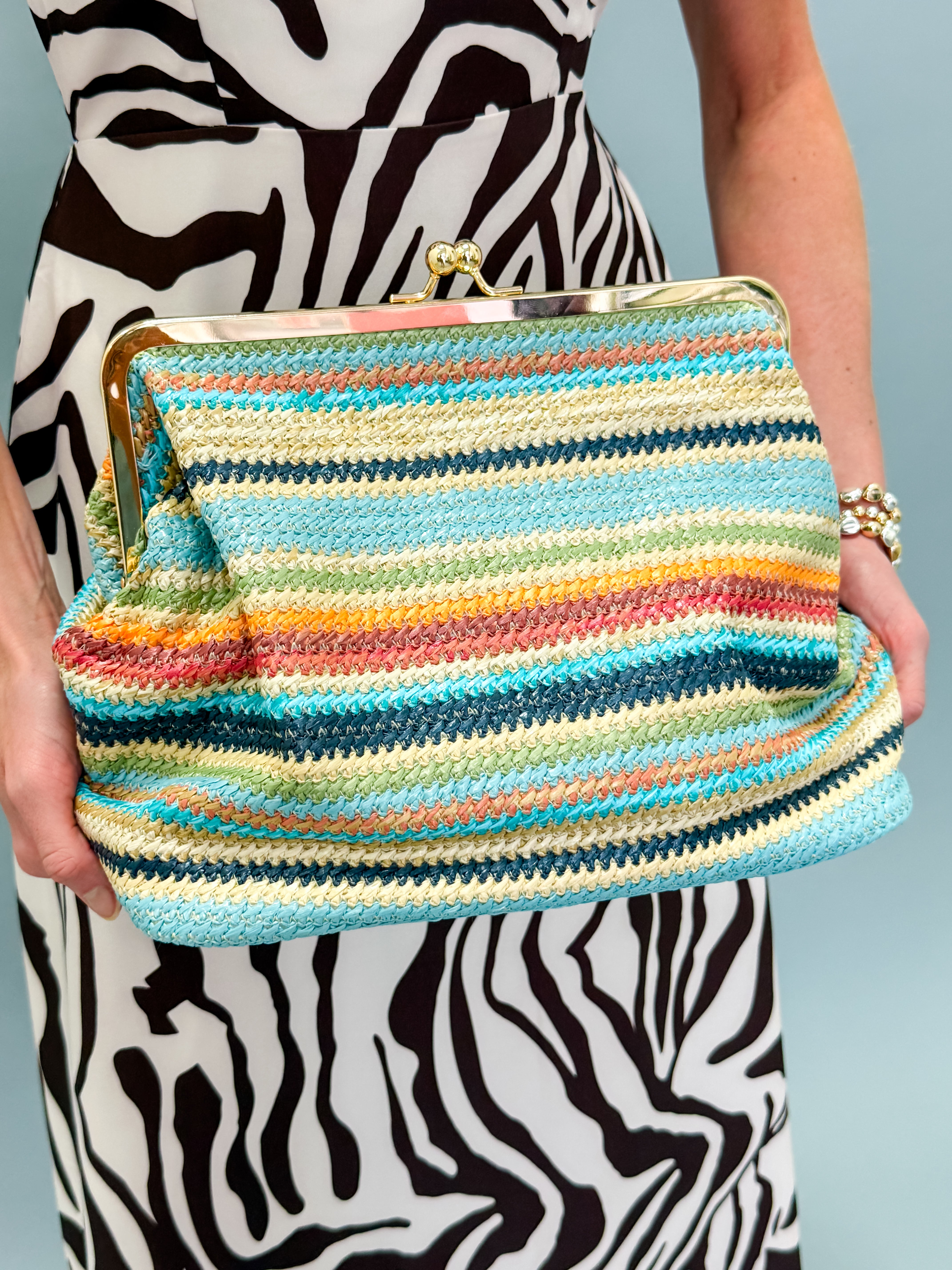 Layla Rainbow Straw Kiss-Lock Bag-Blue