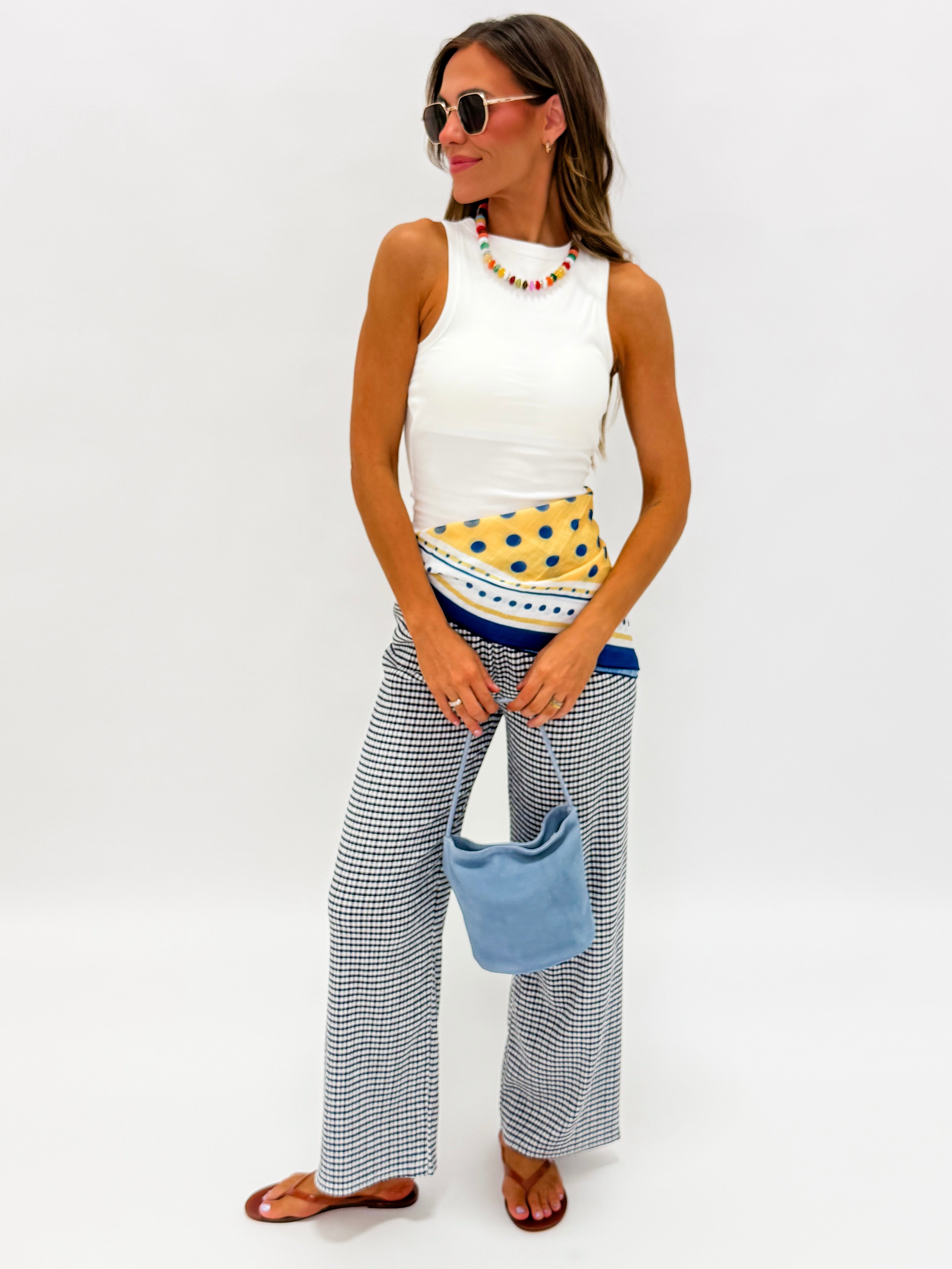 Angie Gingham Wide Leg Pants-Navy
