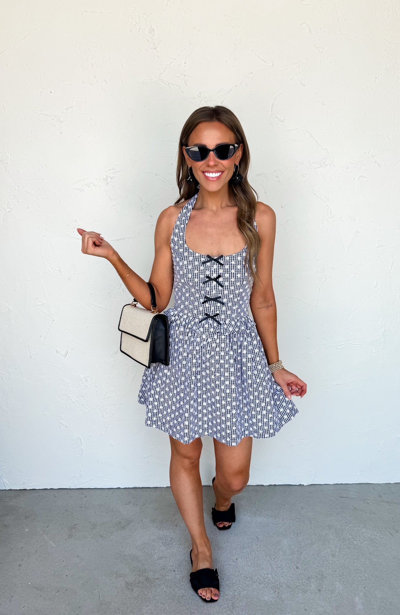 Living For This Gingham Embroidered Halter Mini Dress