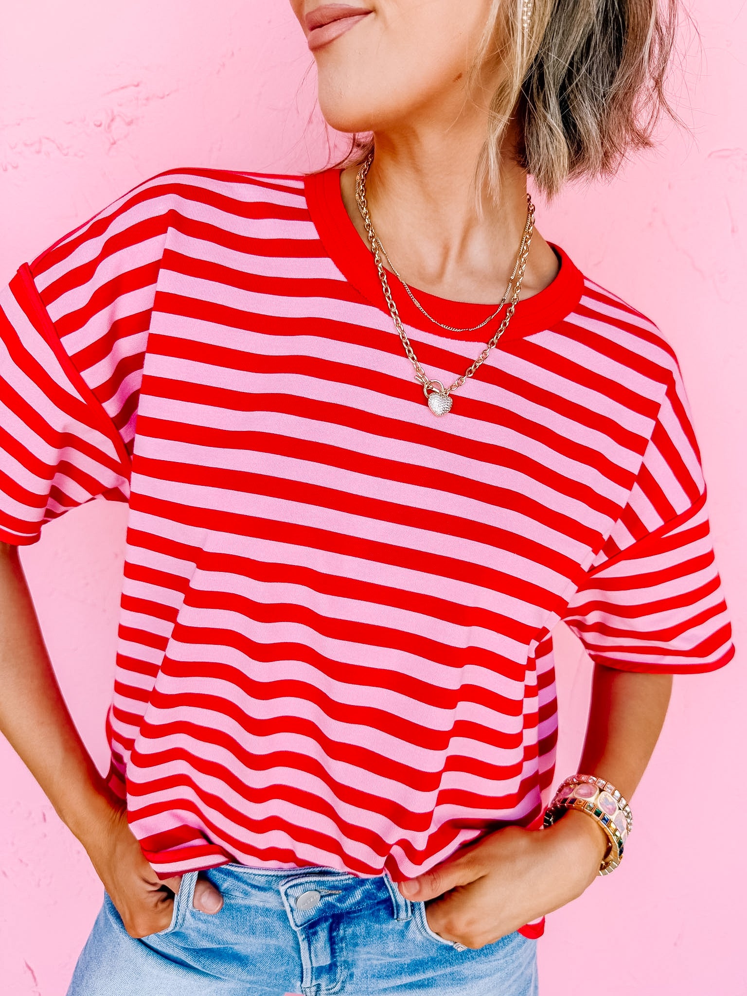 Lola Oversized Stripe Top-Red