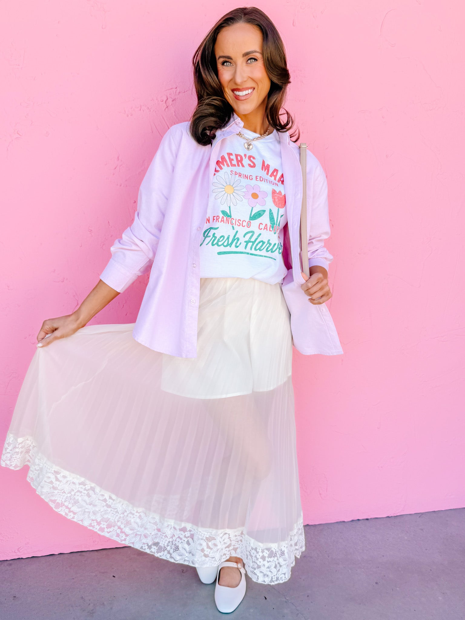 Lori Pleated Lace Trim Midi Skirt