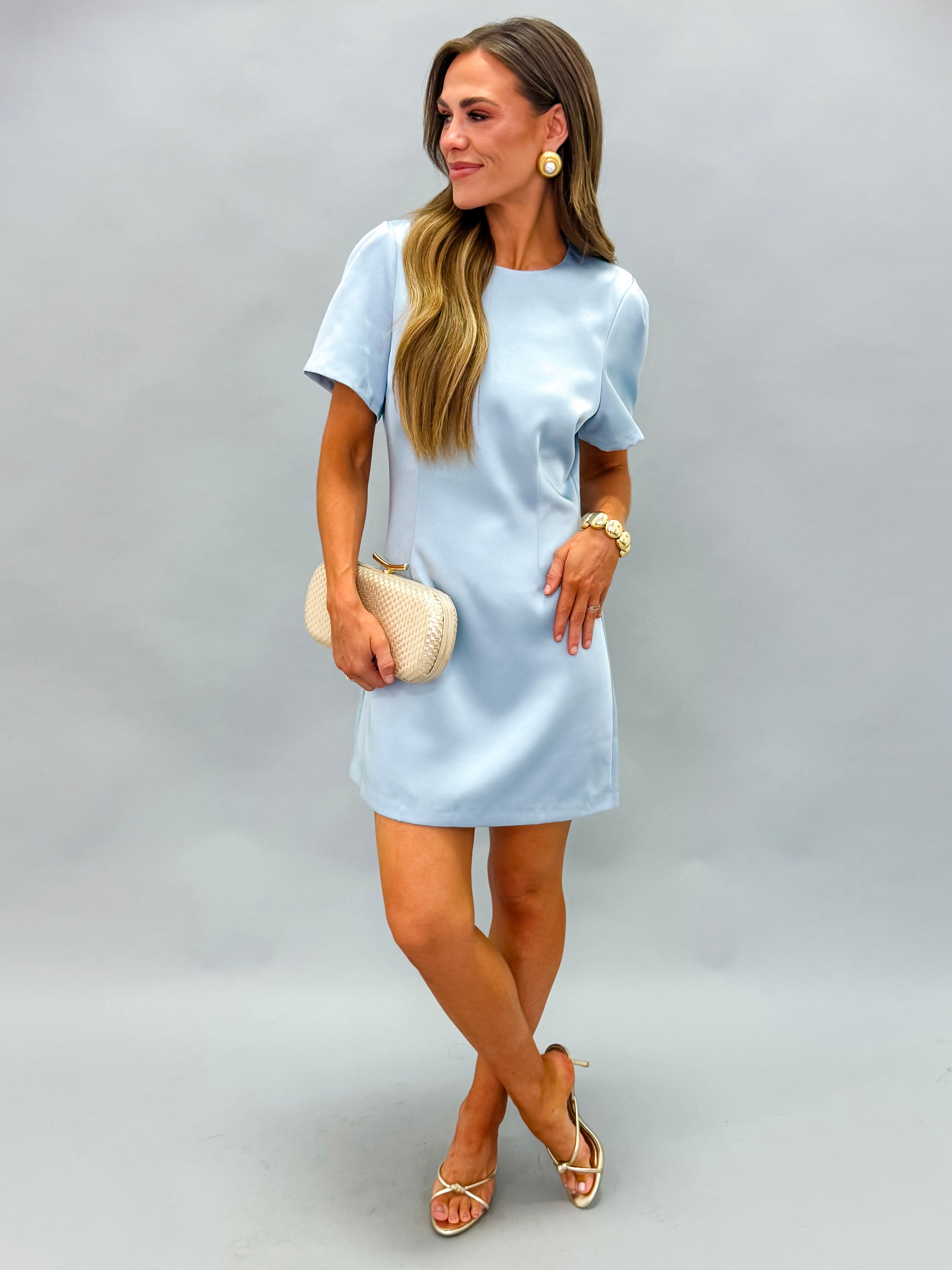 Louisa Satin Puff Sleeve Mini Dress-Dusty Blue