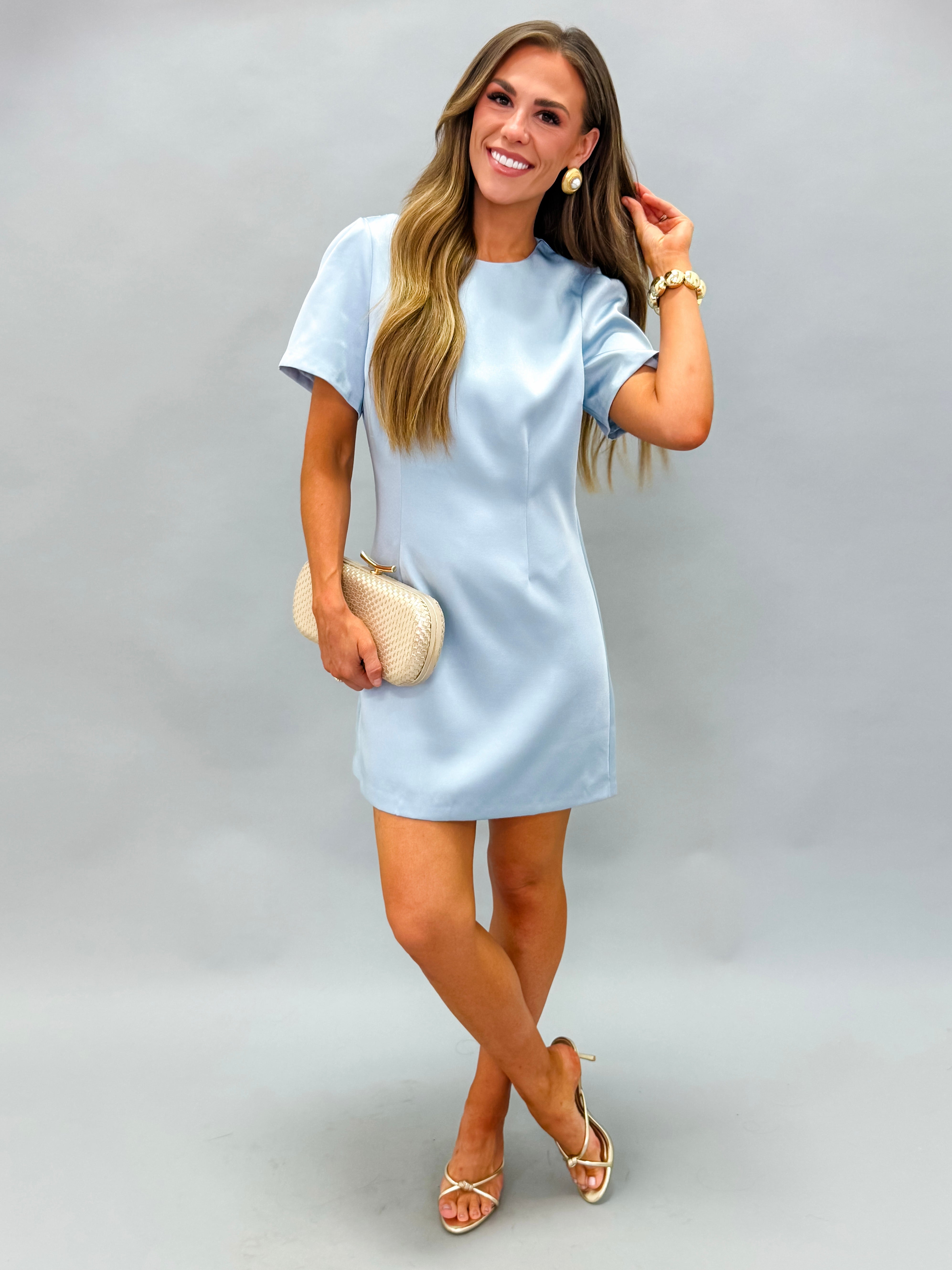 Louisa Satin Puff Sleeve Mini Dress-Dusty Blue