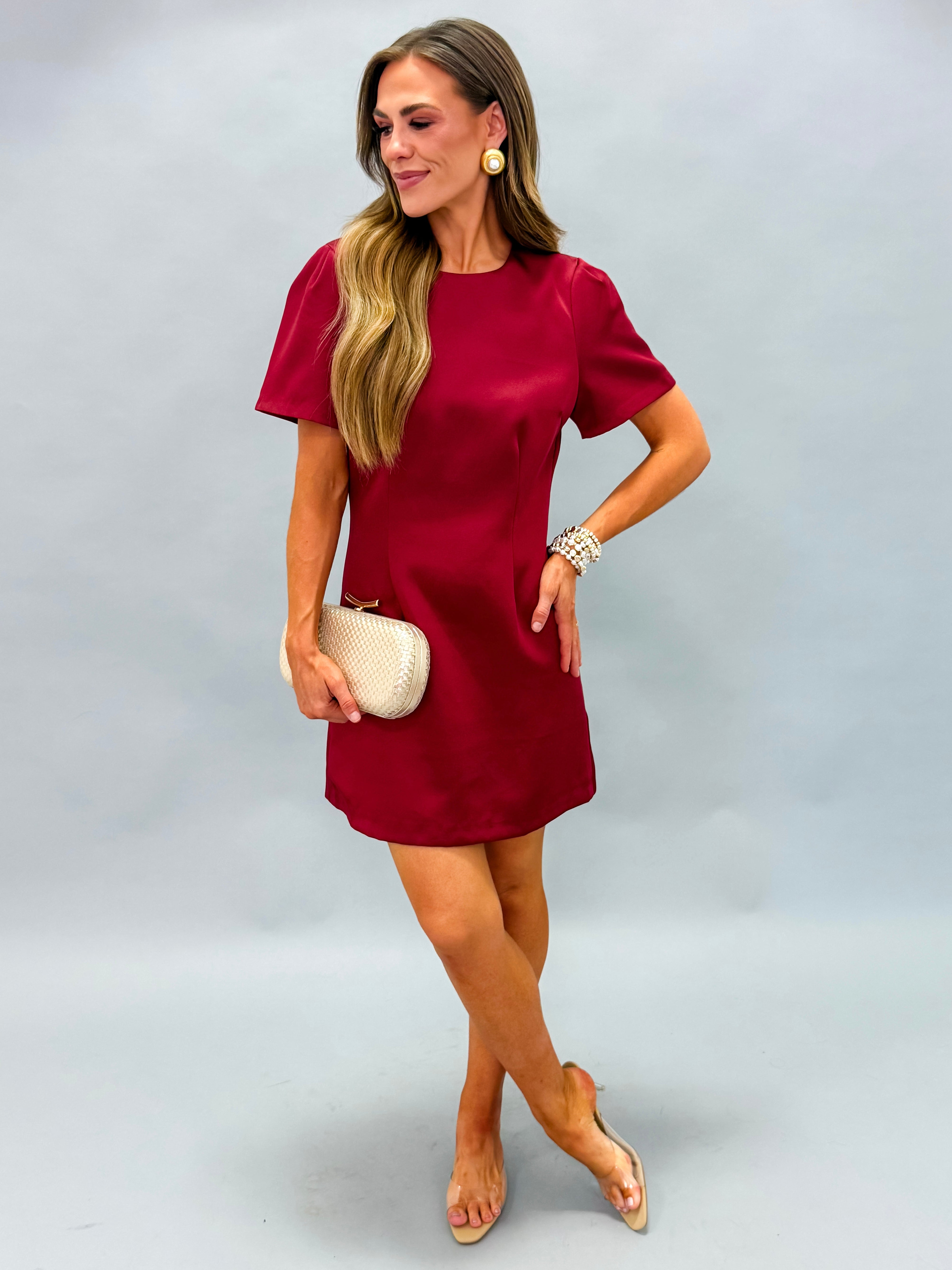 Louisa Satin Puff Sleeve Mini Dress-Red