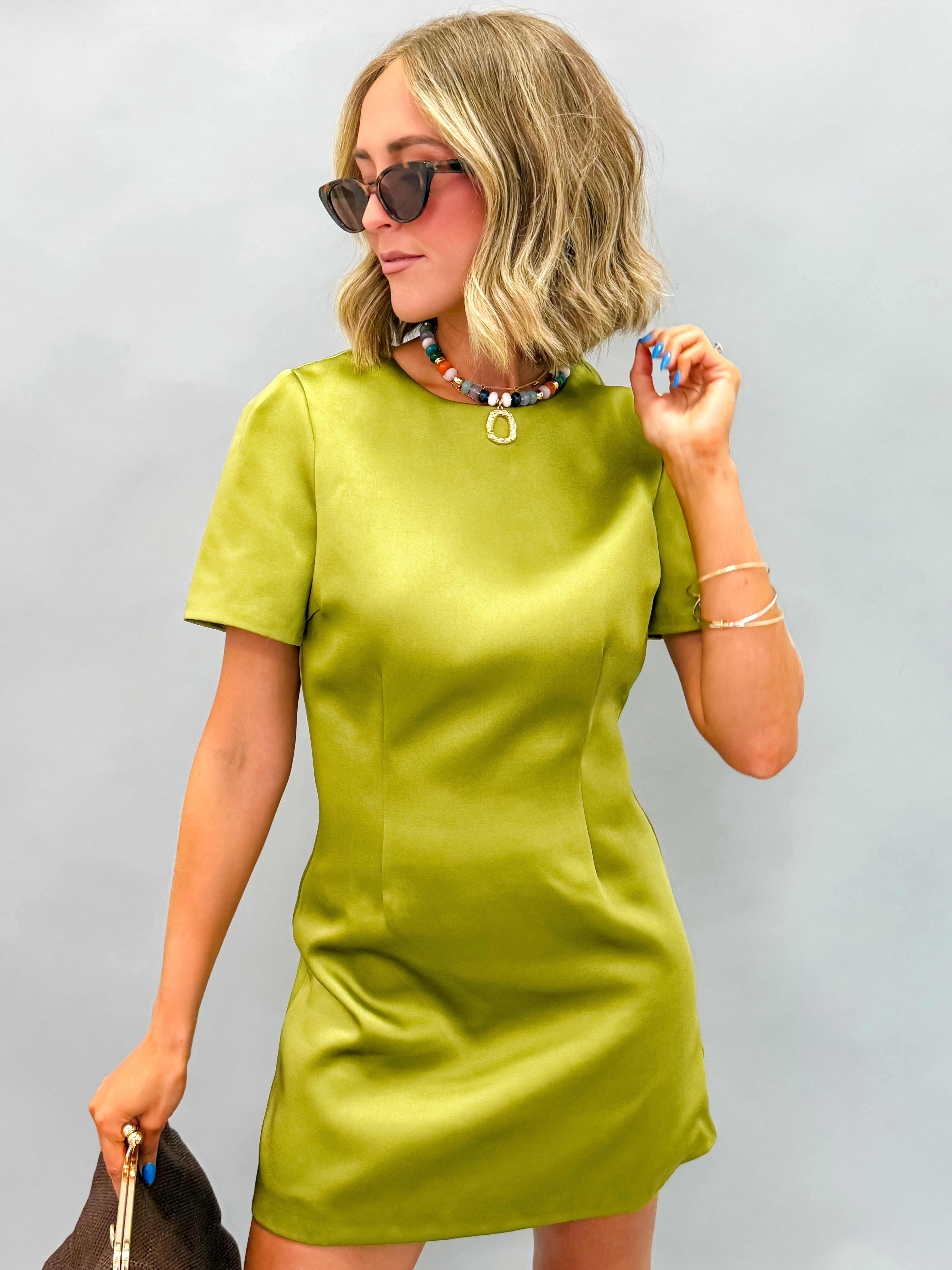 Louisa Satin Puff Sleeve Mini Dress-Olive