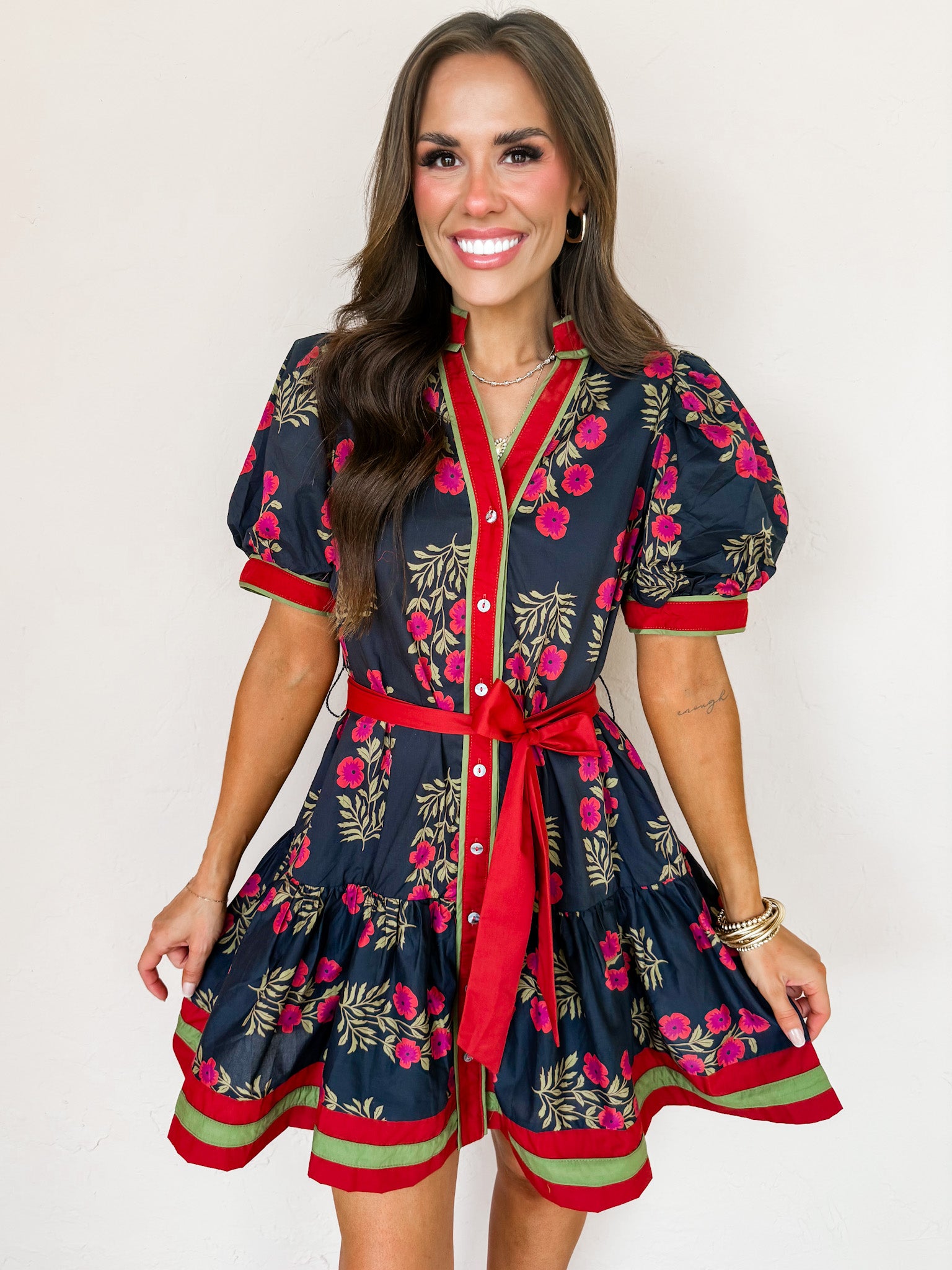 Lovely Romance Floral Tie Waist Dress-Black