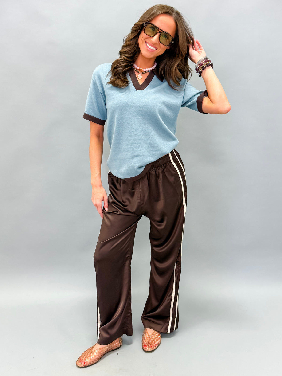 Lucia Contrast Trim Knit Top-Blue