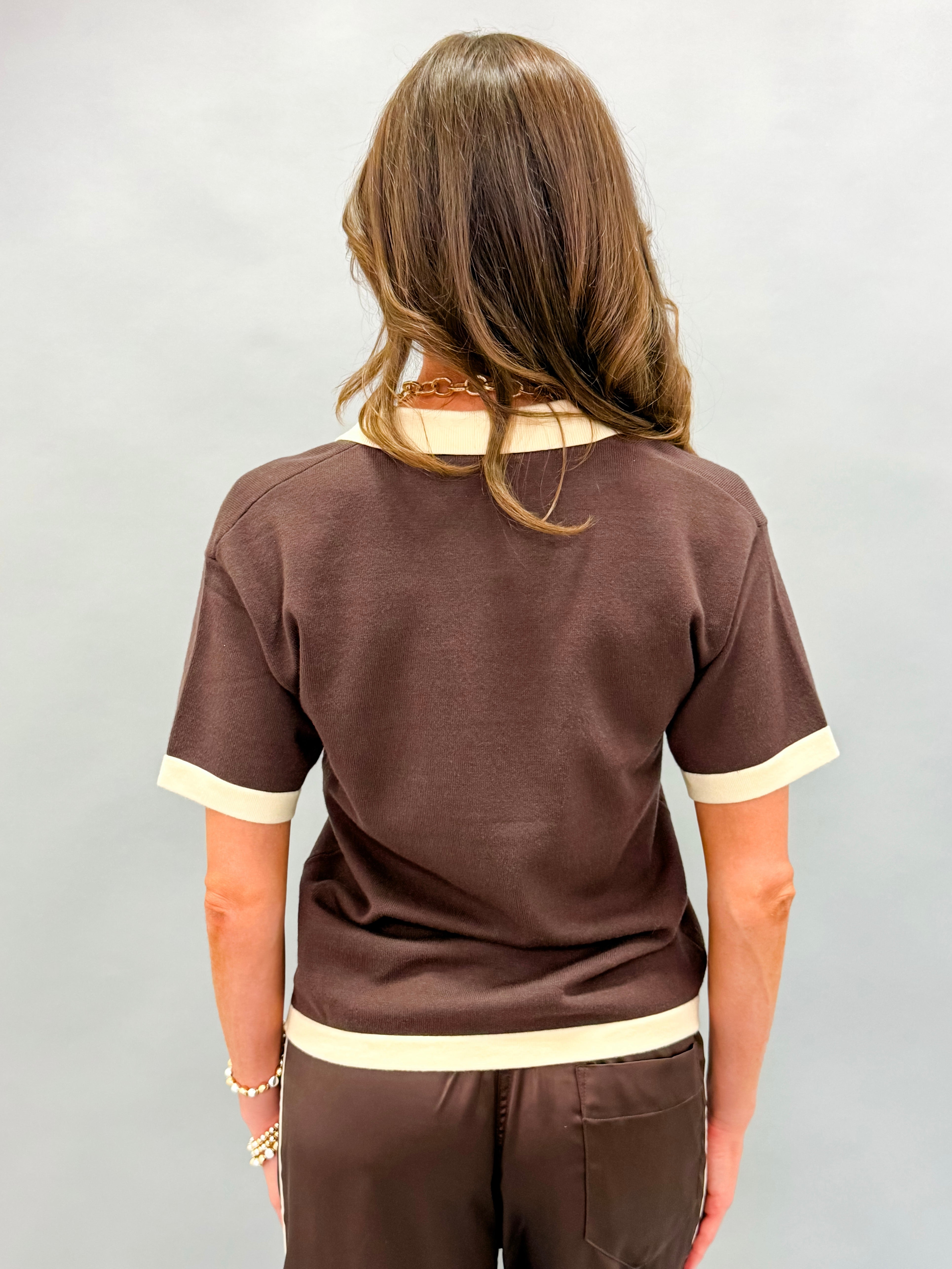 Lucia Contrast Trim Knit Top-Brown