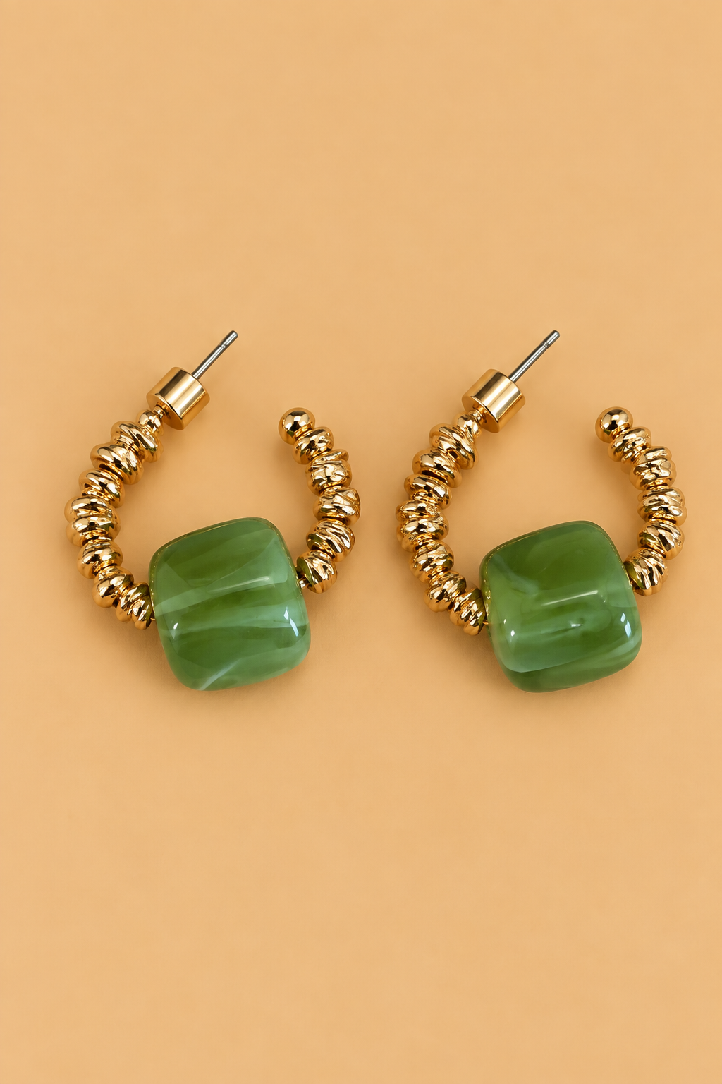 Mabel Marbled Stone & Gold Hoop Earrings-Olive