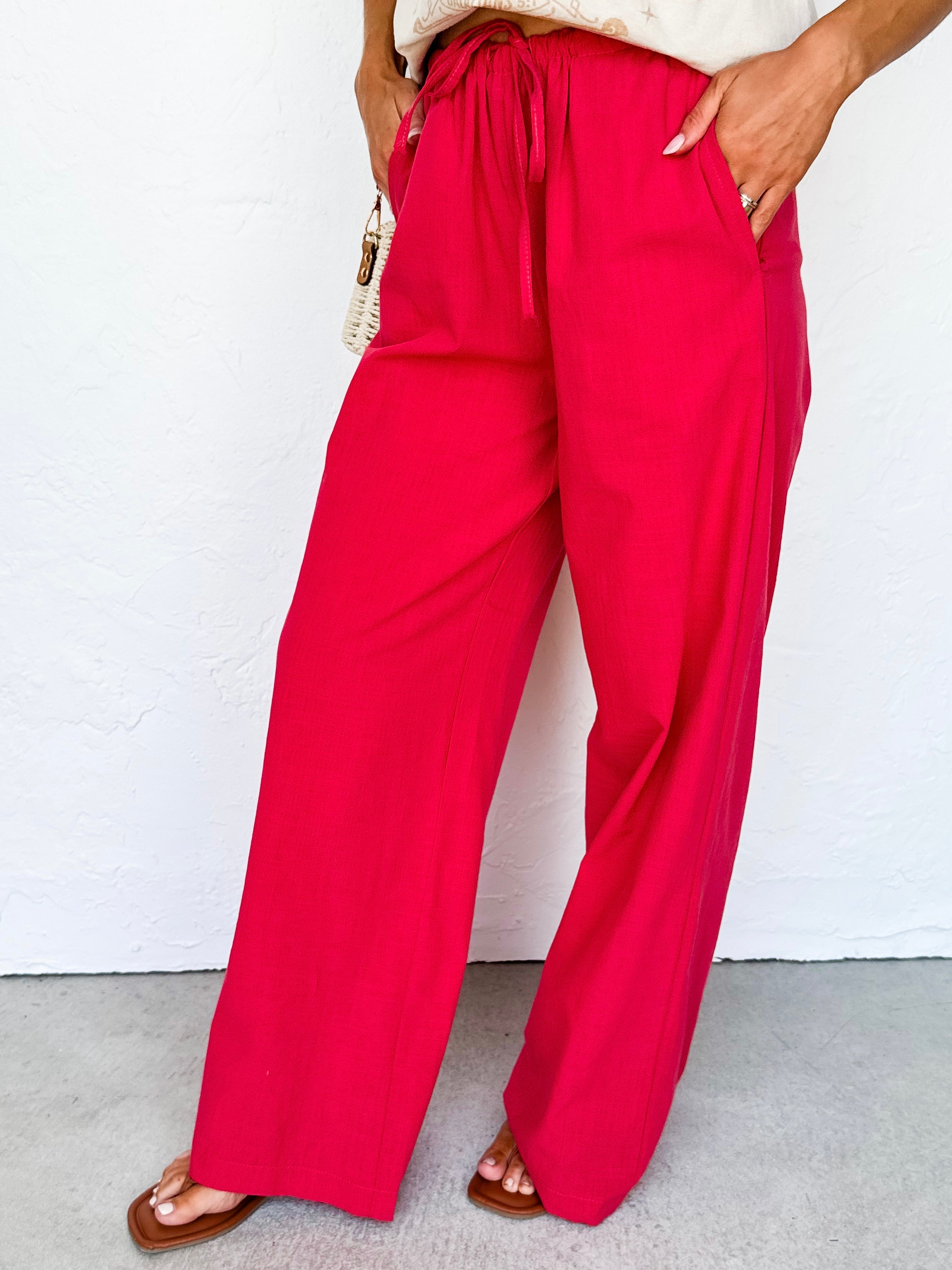 Madden Linen Wide Leg Drawstring Pants-Red