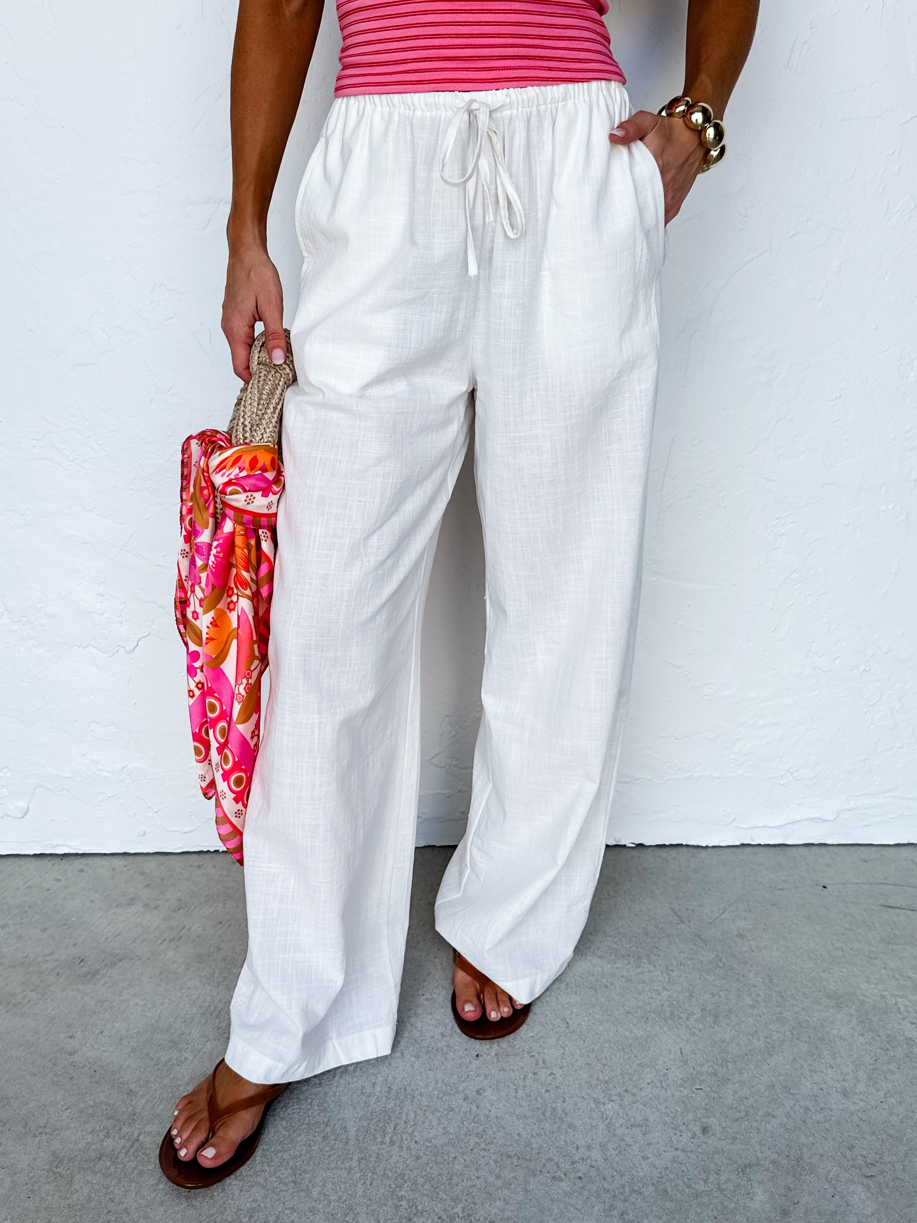 Madden Wide Leg Drawstring Pants-White