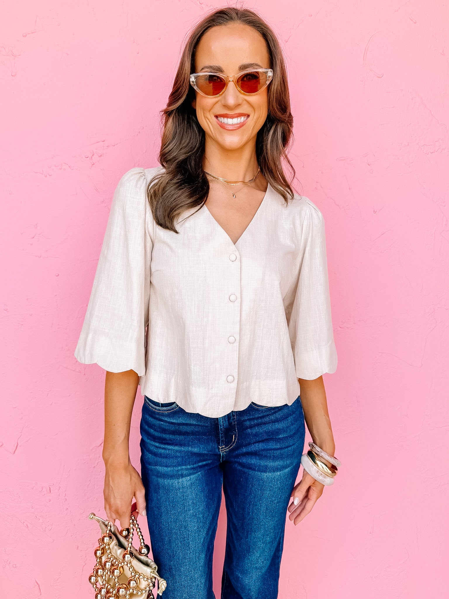 Mandy Scallop Half Sleeve Top-Cream