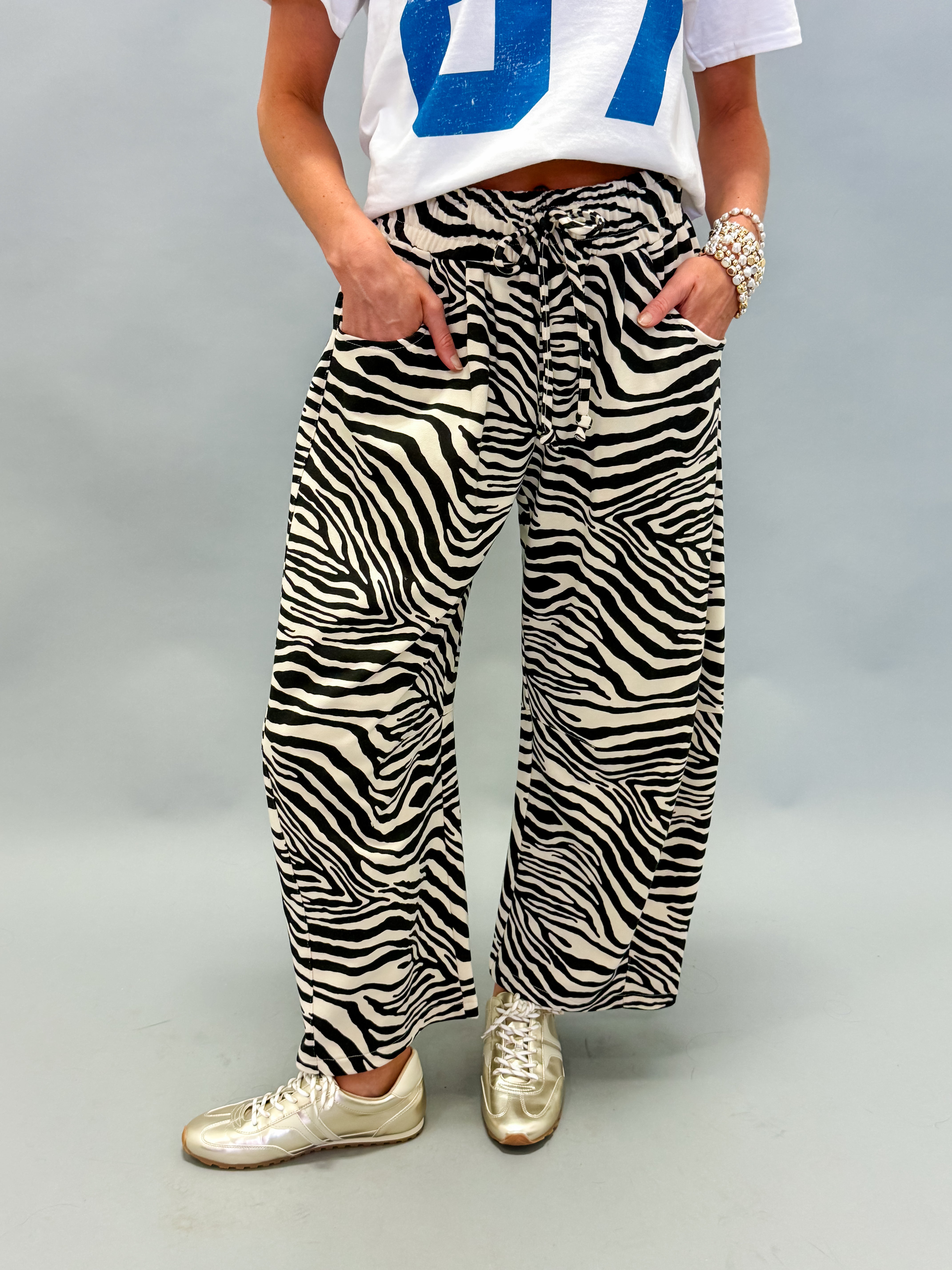 Marla Zebra Print Barrel Leg Pants-Black/Tan