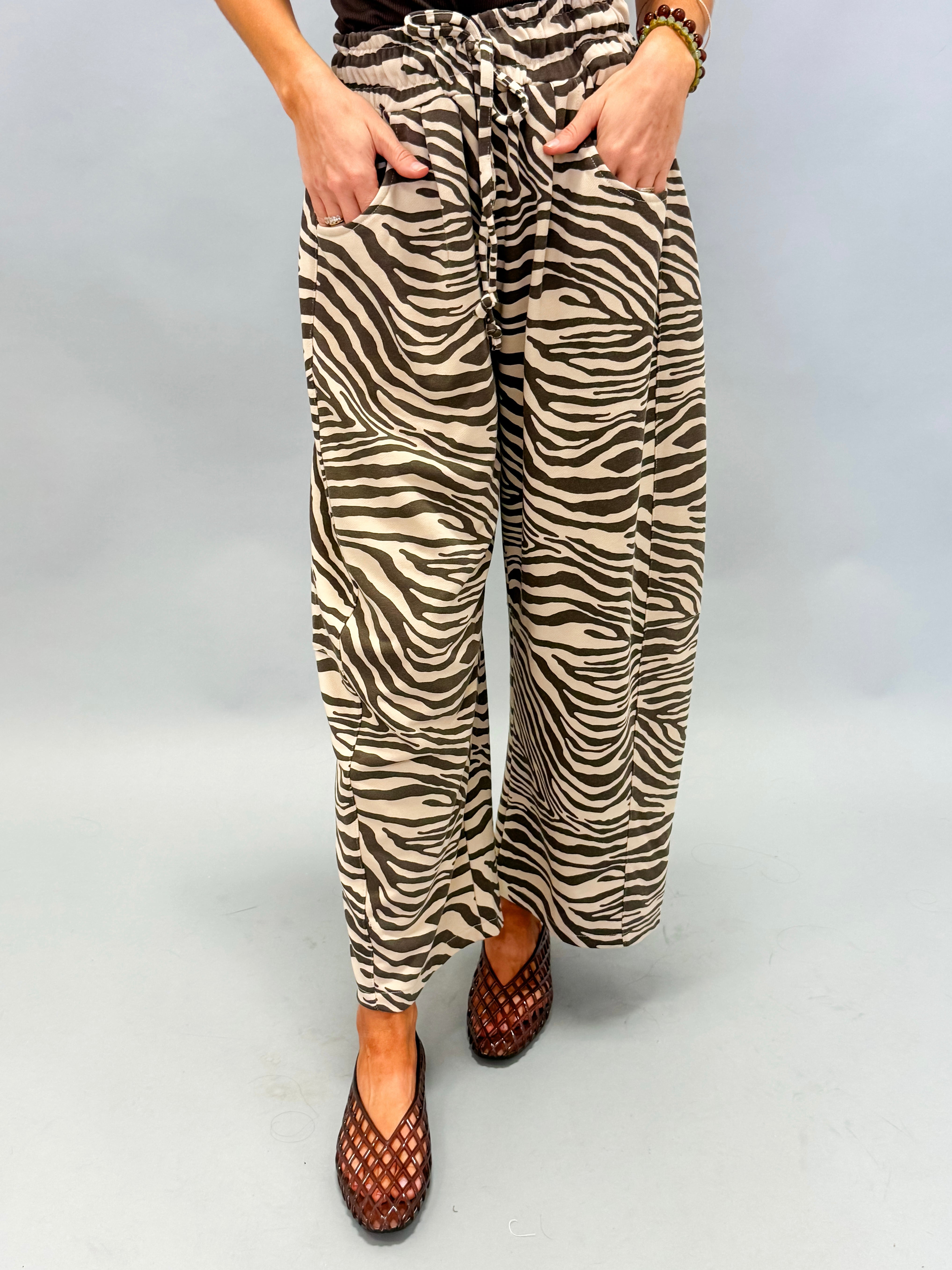 Marla Zebra Print Barrel Leg Pants-Brown/Beige