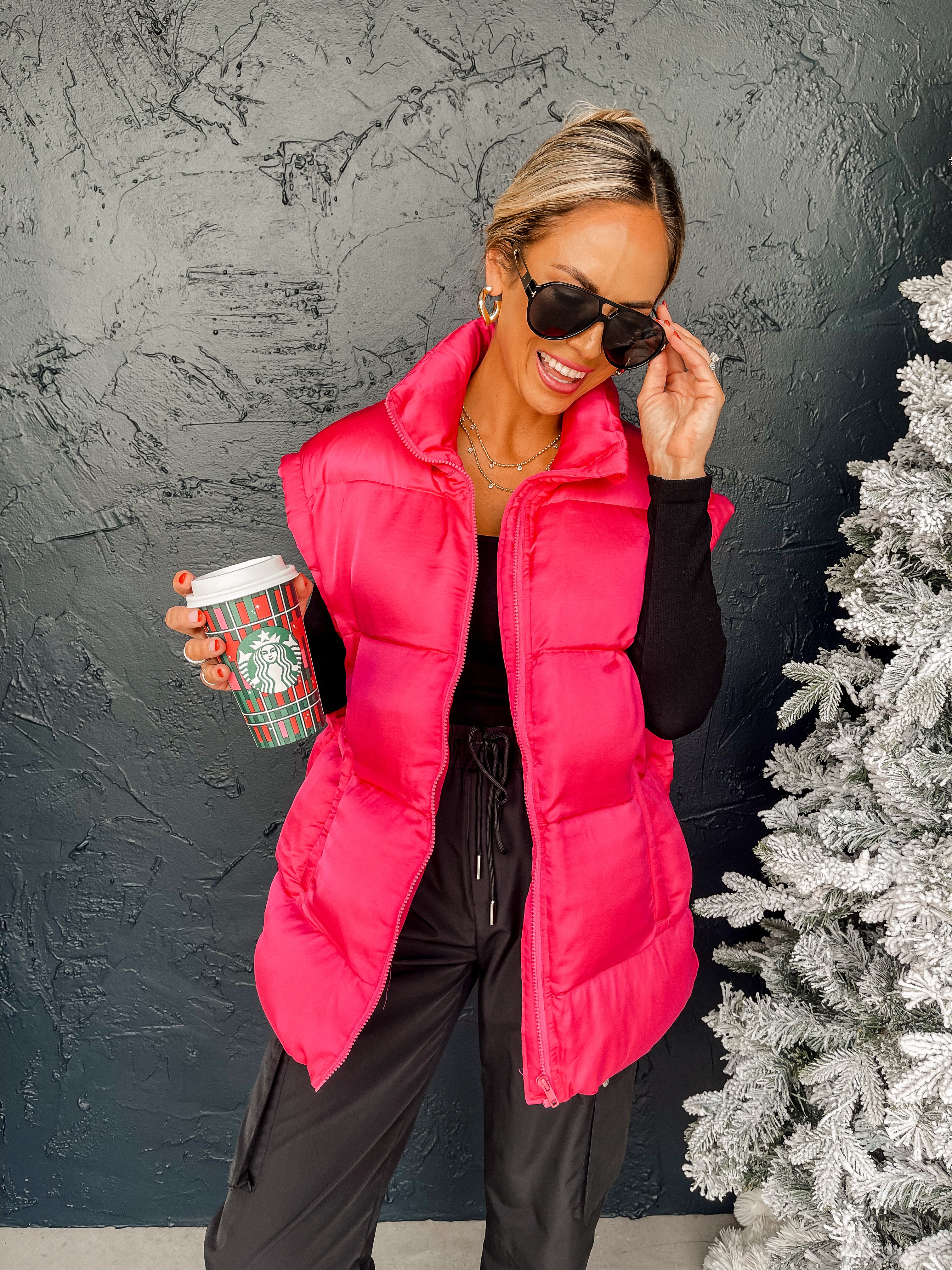 Meet You Outside Puffer Vest-Hot Pink