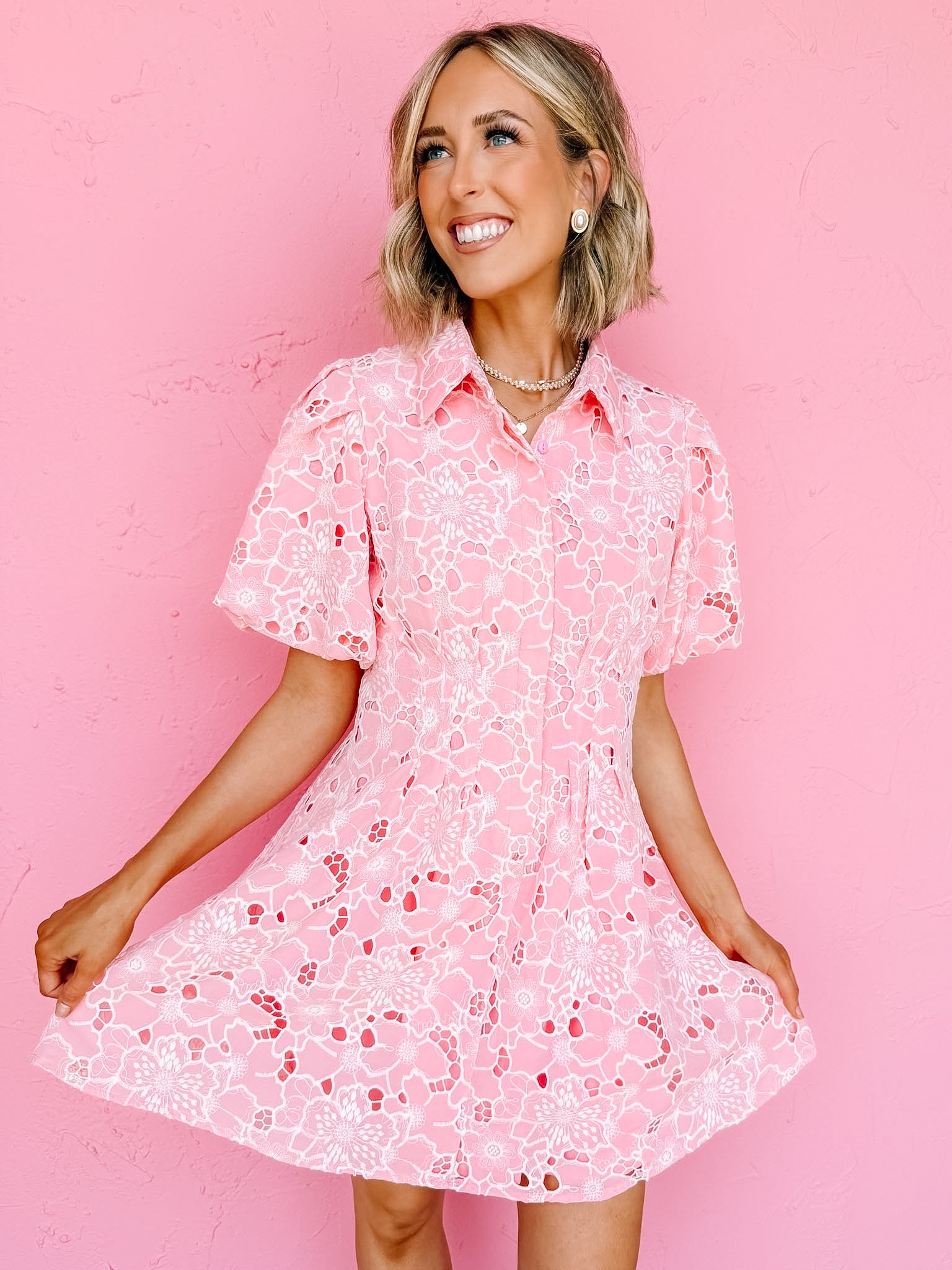 Melinda Floral Lace Bubble Sleeve Mini Dress