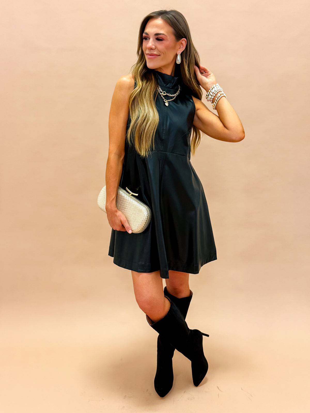 Milana Faux Leather Mock Neck Mini Dress-Black