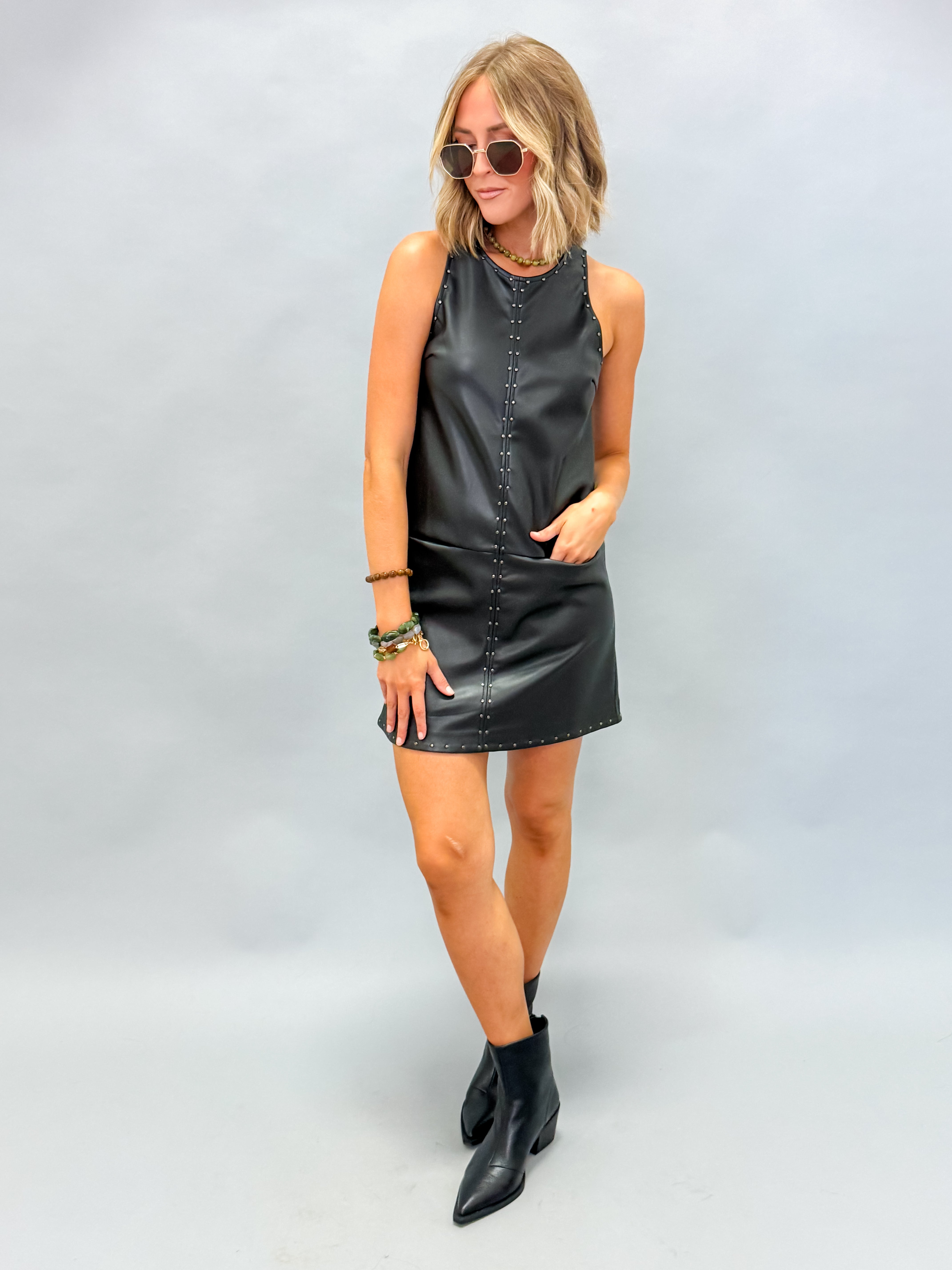 Natalie Faux Leather Shift Dress-Black