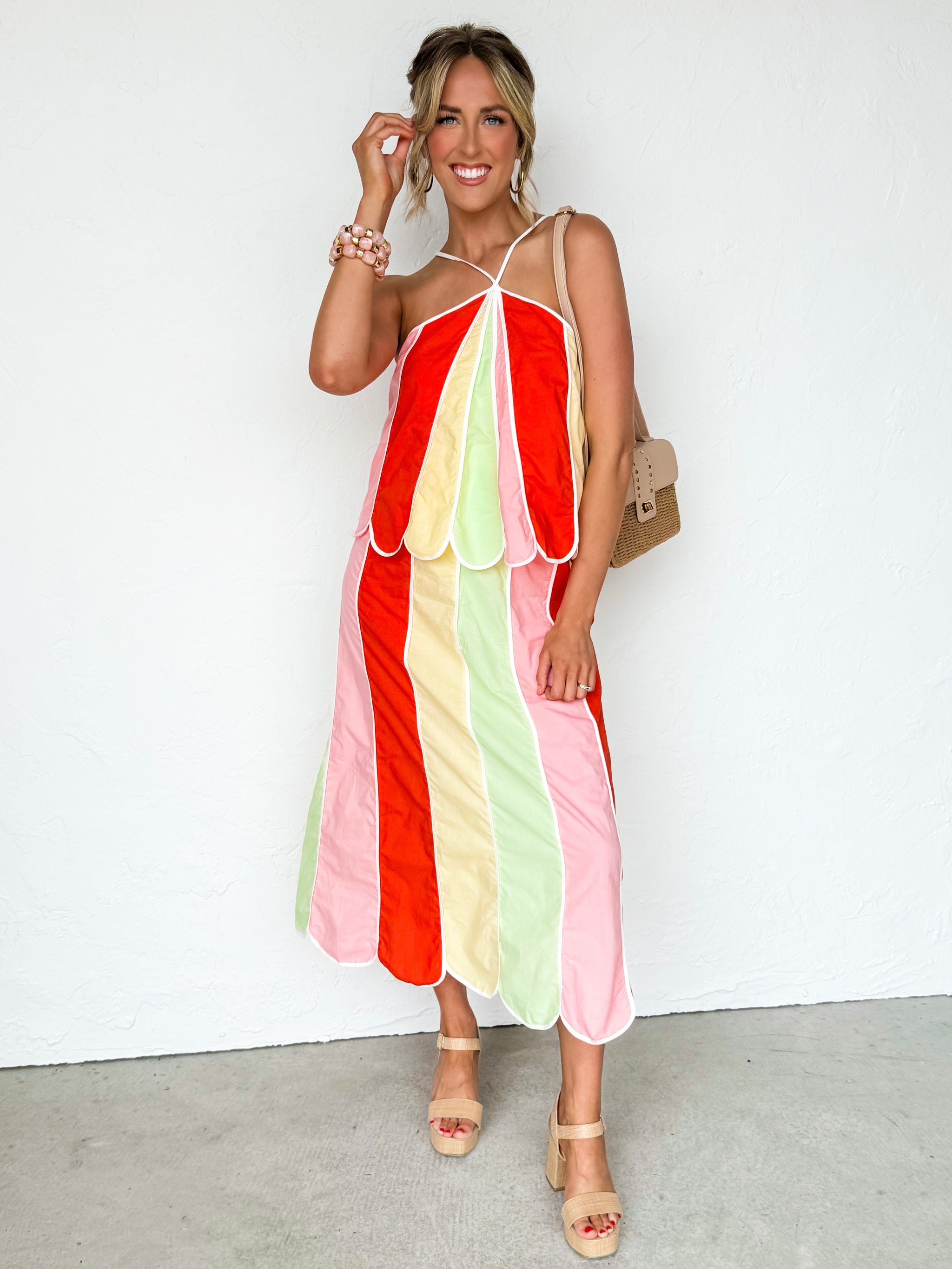 colorful halter dress Nisa Panel Maxi Large Anne Hathaway stuns in ra_clear9252024 and this La Blanca Size:9D