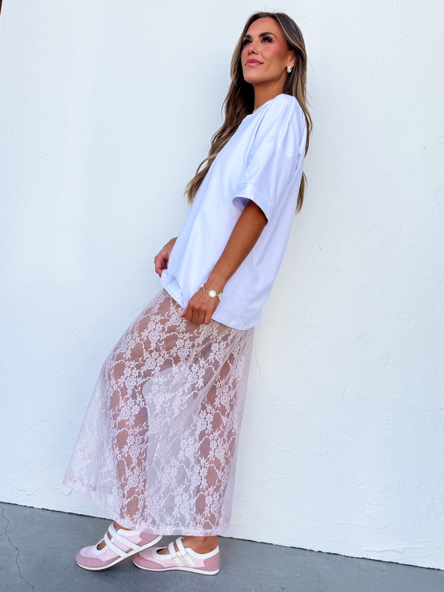 Noa Pink Lace Maxi Skirt - Made in USA