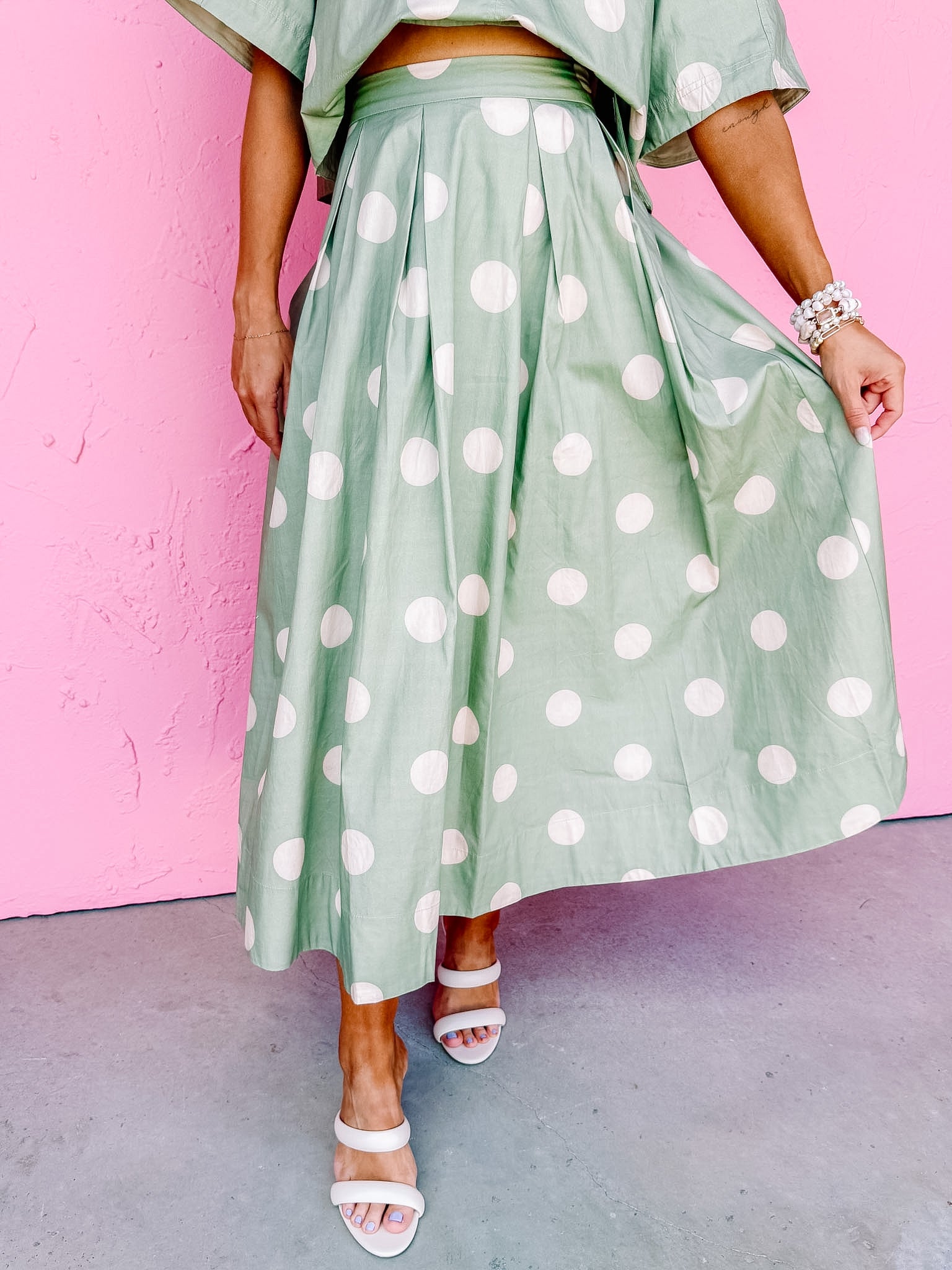Oakes Polka Dot Pleated Midi Skirt