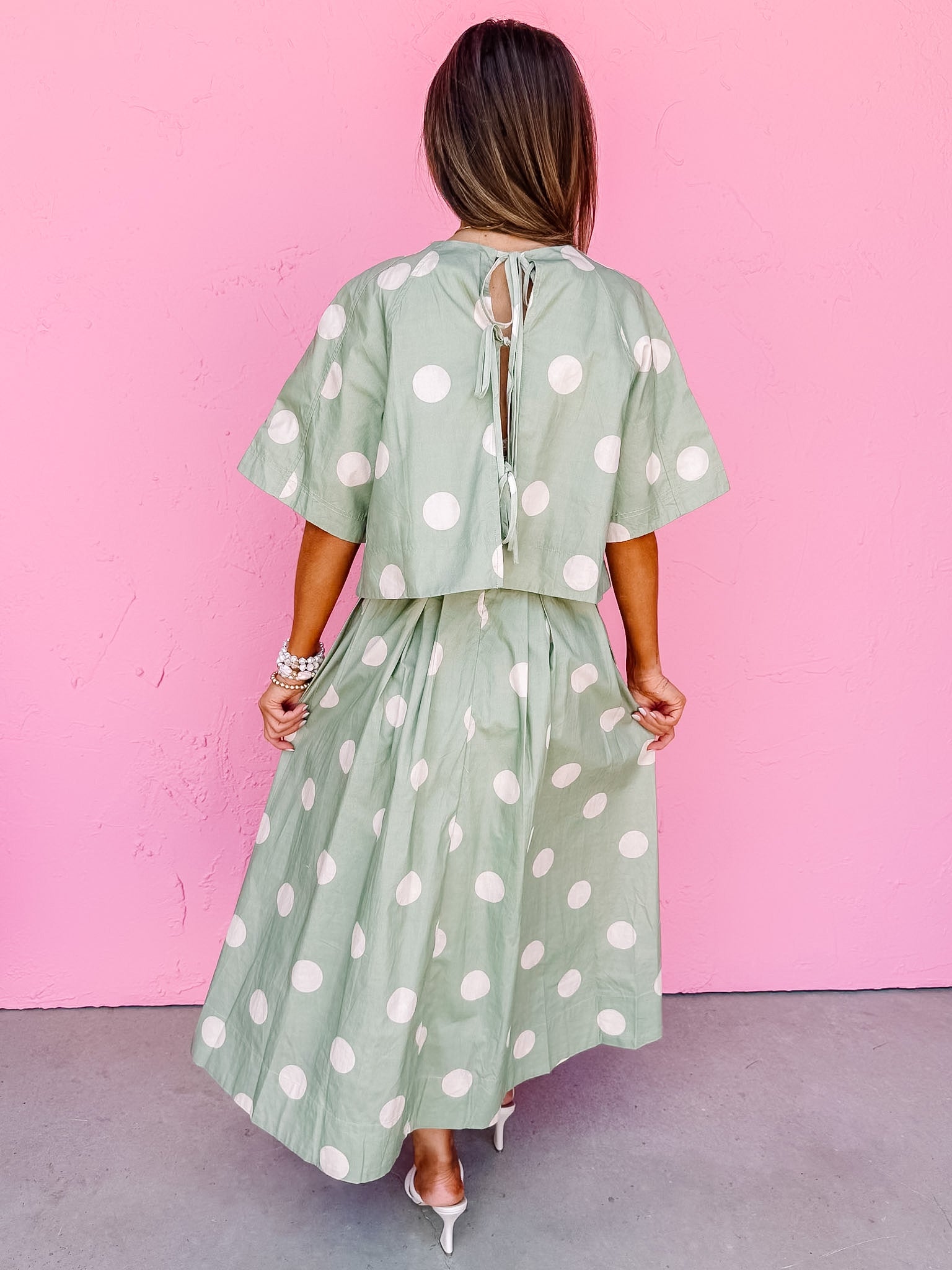 Oakes Polka Dot Pleated Midi Skirt