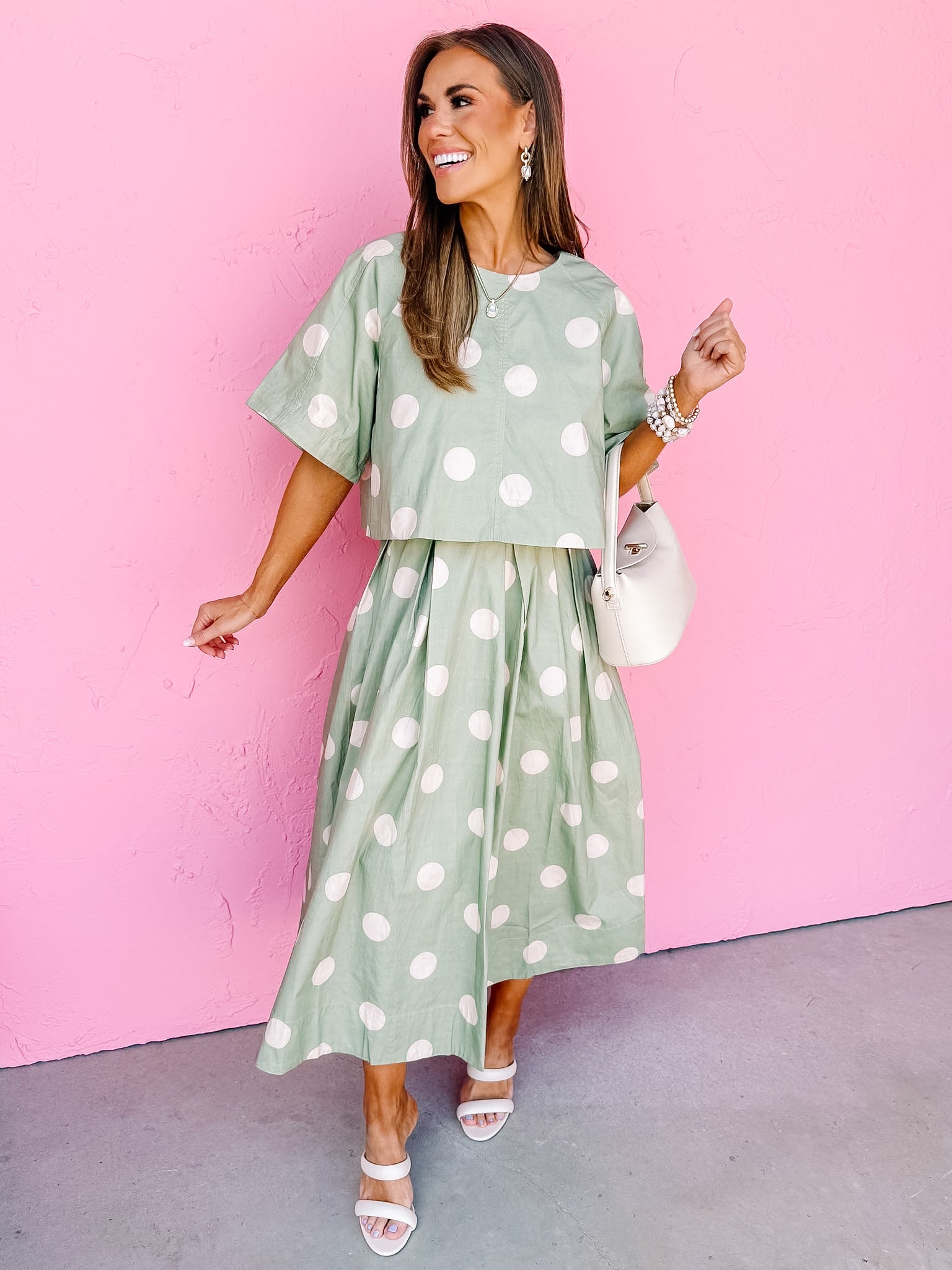 Oakes Polka Dot Pleated Midi Skirt