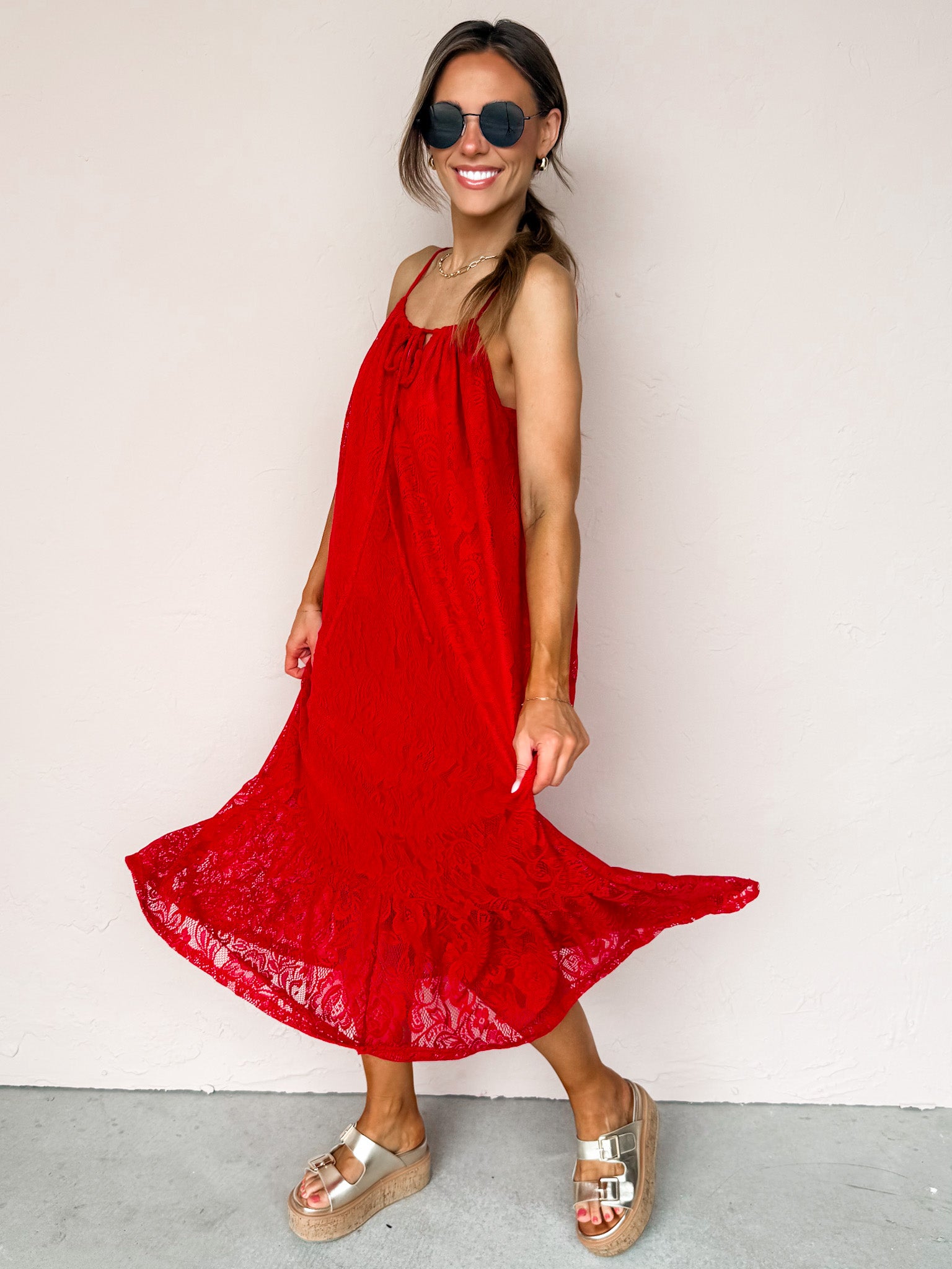 On A Whim Lace Sleeveless Dress-Cherry
