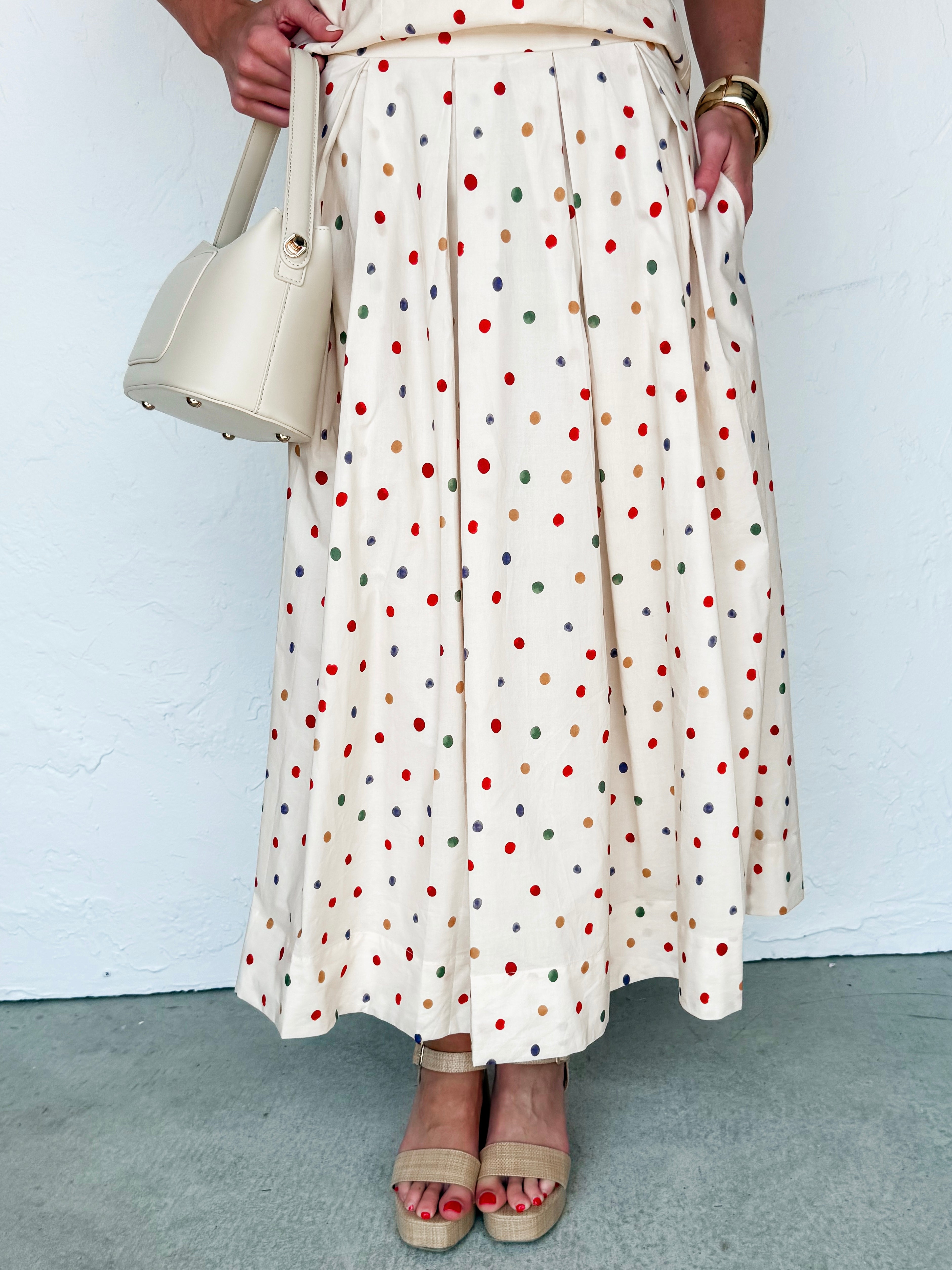 Pamela Polka Dot Pleated Skirt-Ivory
