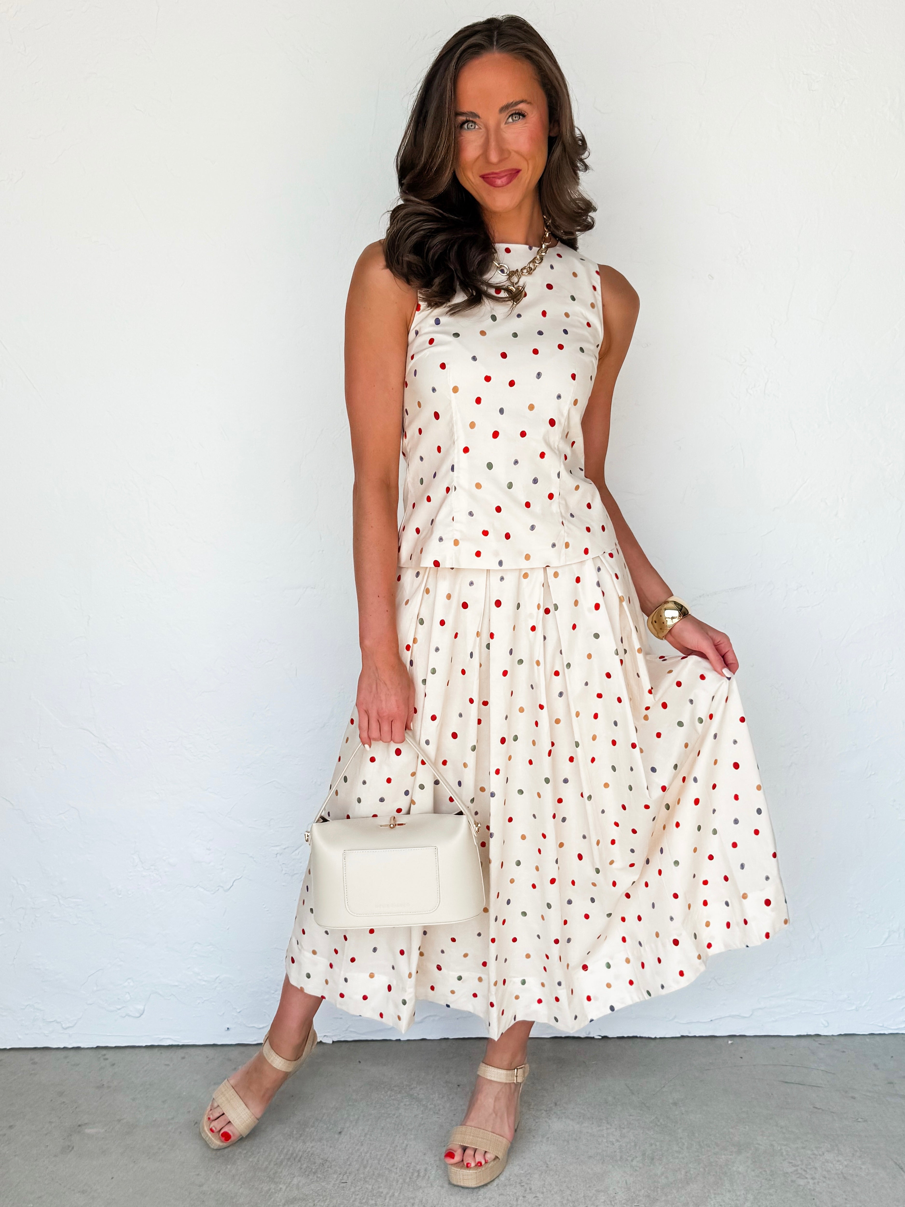 Pamela Polka Dot Pleated Skirt-Ivory