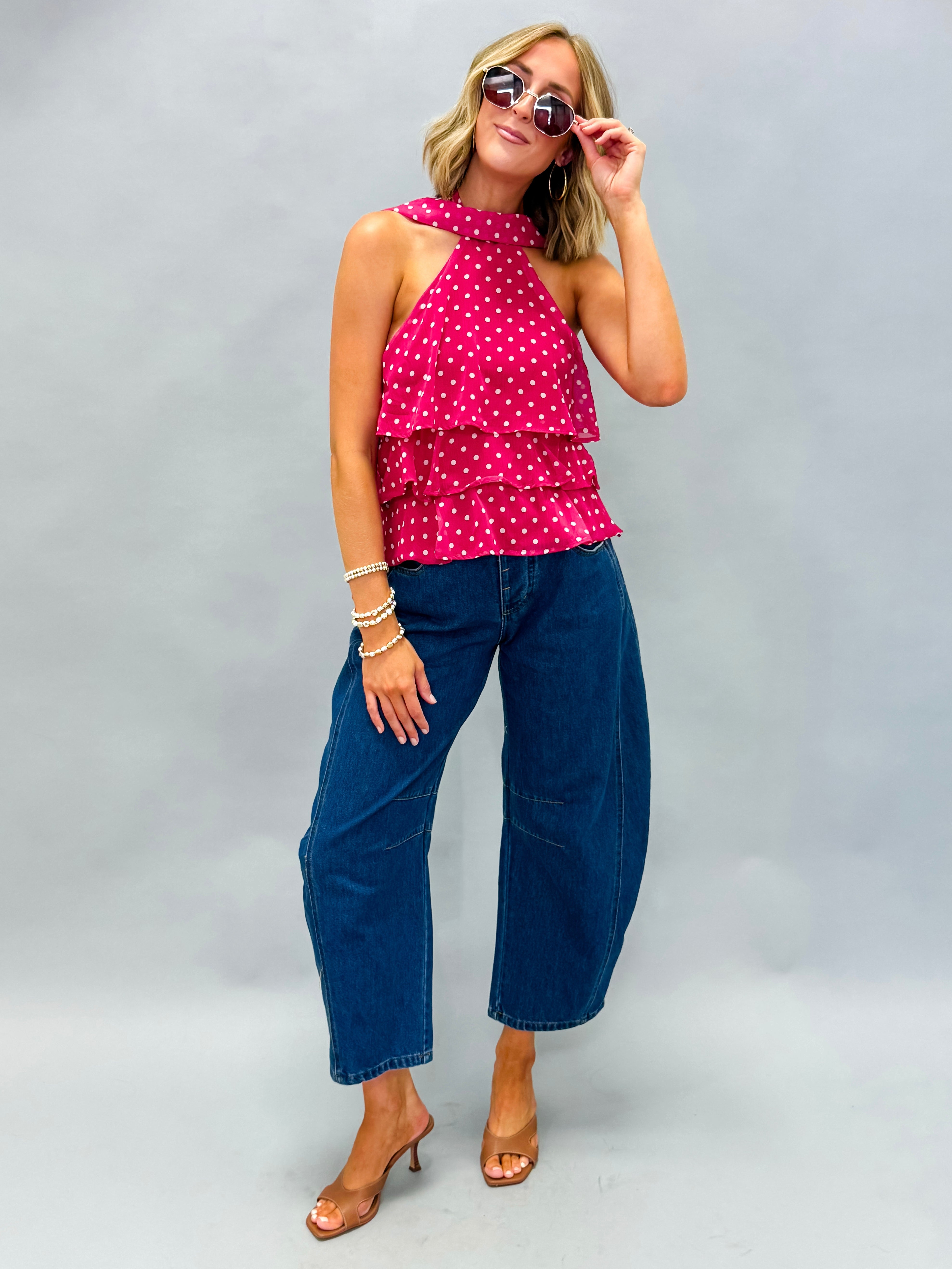 Paris Polka Dot Halter Top-Fuchsia