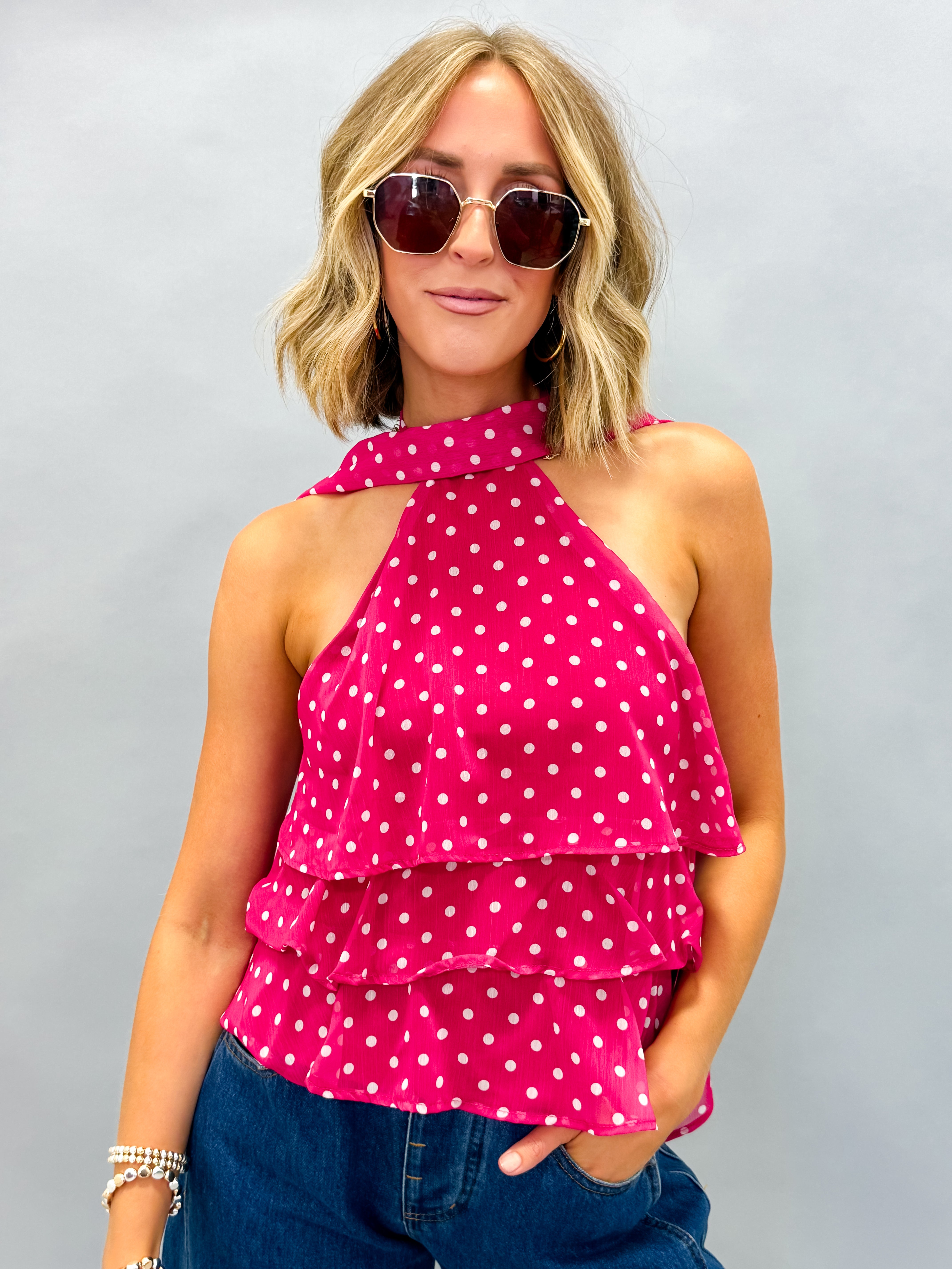 Paris Polka Dot Halter Top-Fuchsia