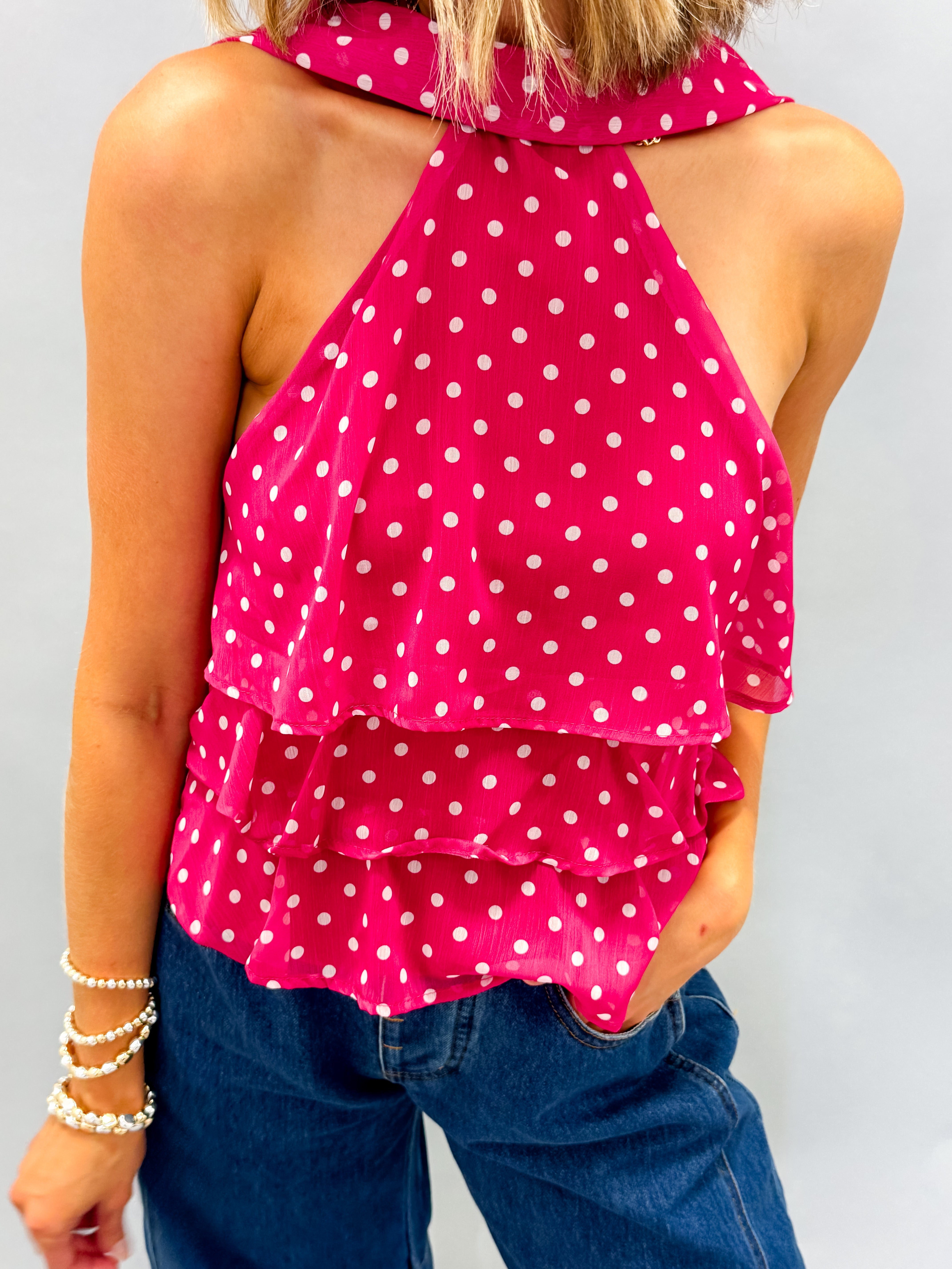 Paris Polka Dot Halter Top-Fuchsia