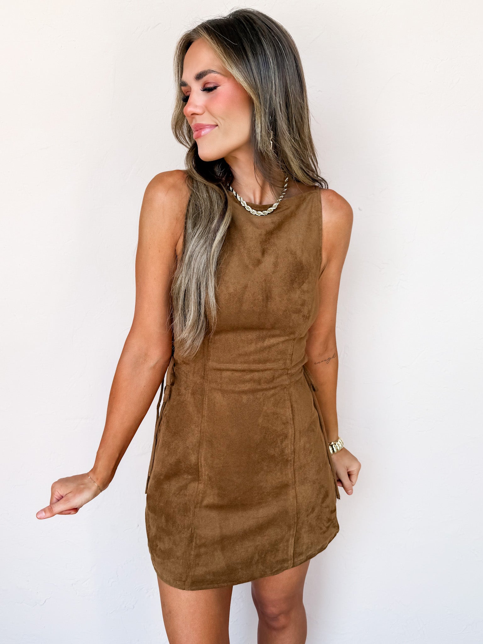 Passing Through Suede Side Lace Up Dress