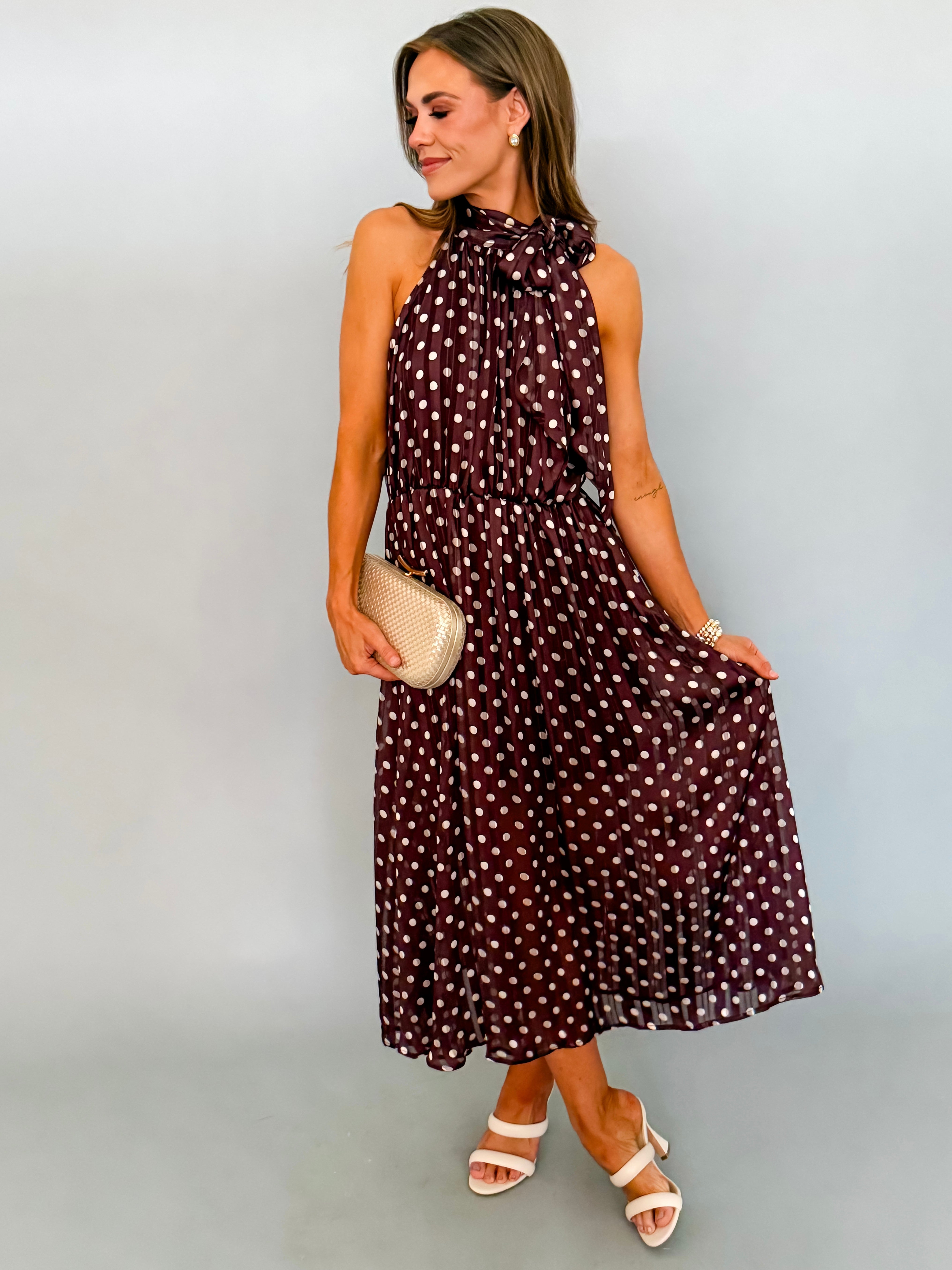Penelope Polka Dot Bow Midi Dress-Brown