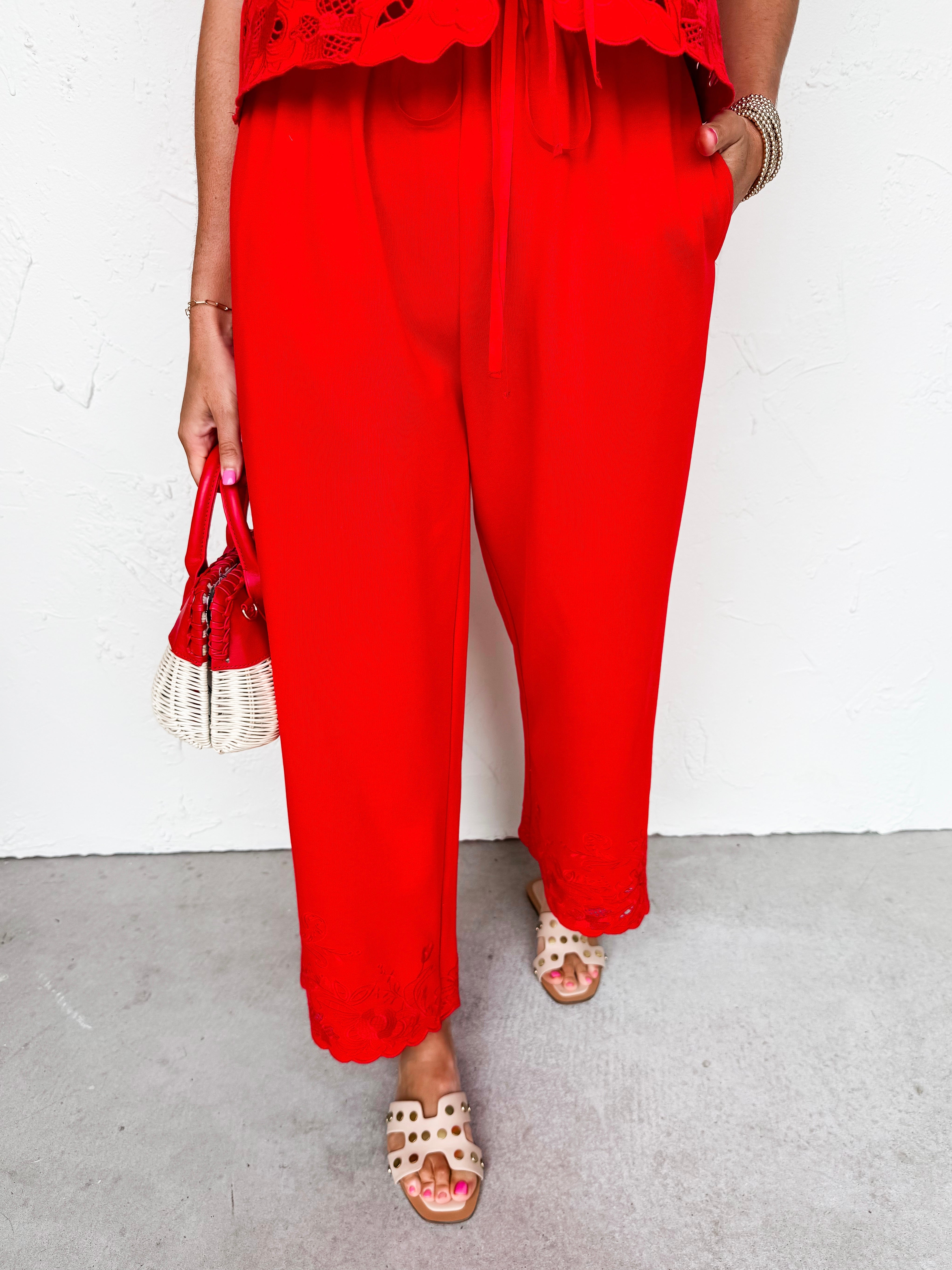 Piper Embroidered Knit Pants-Red