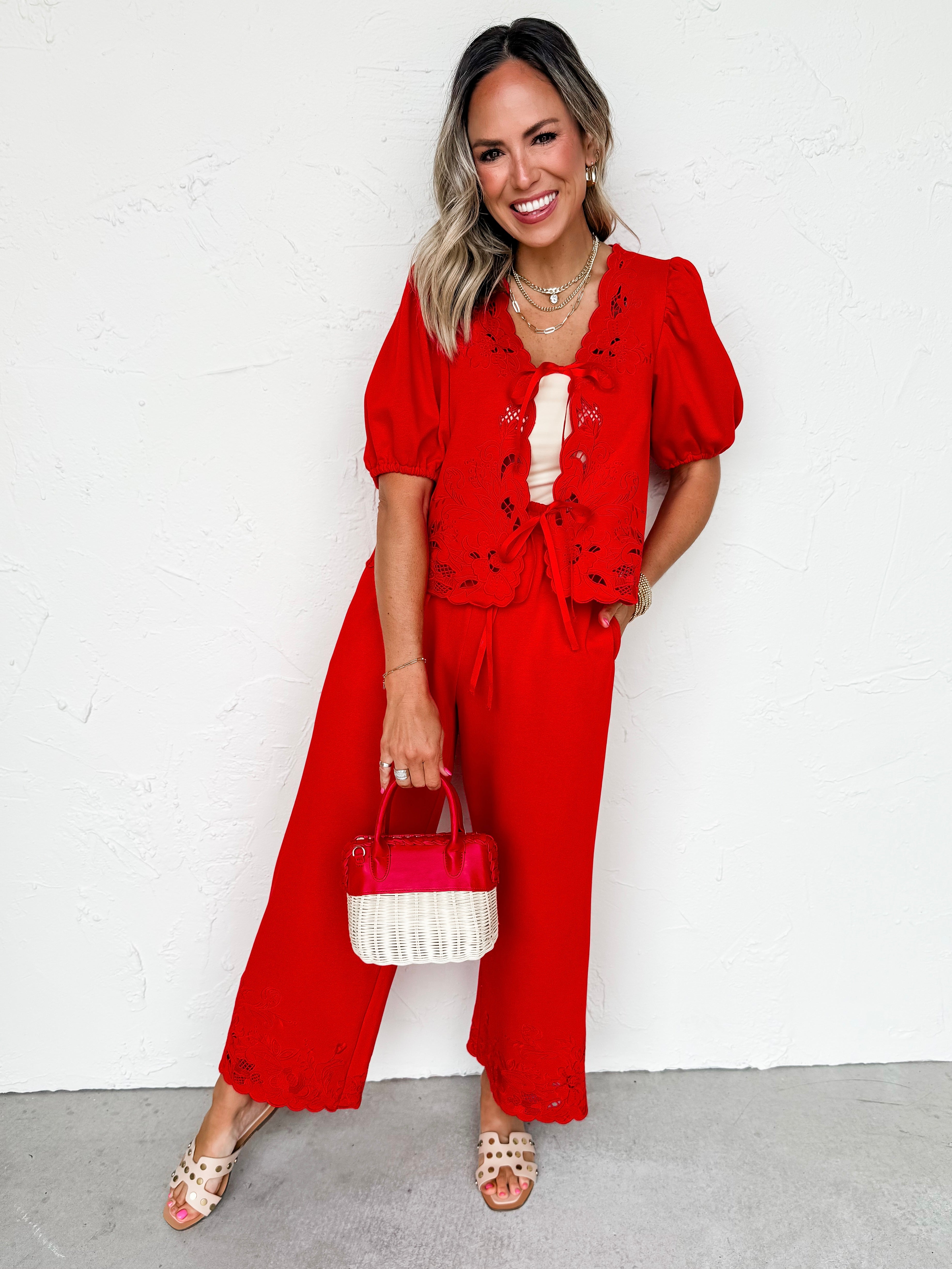 Piper Embroidered Knit Pants-Red